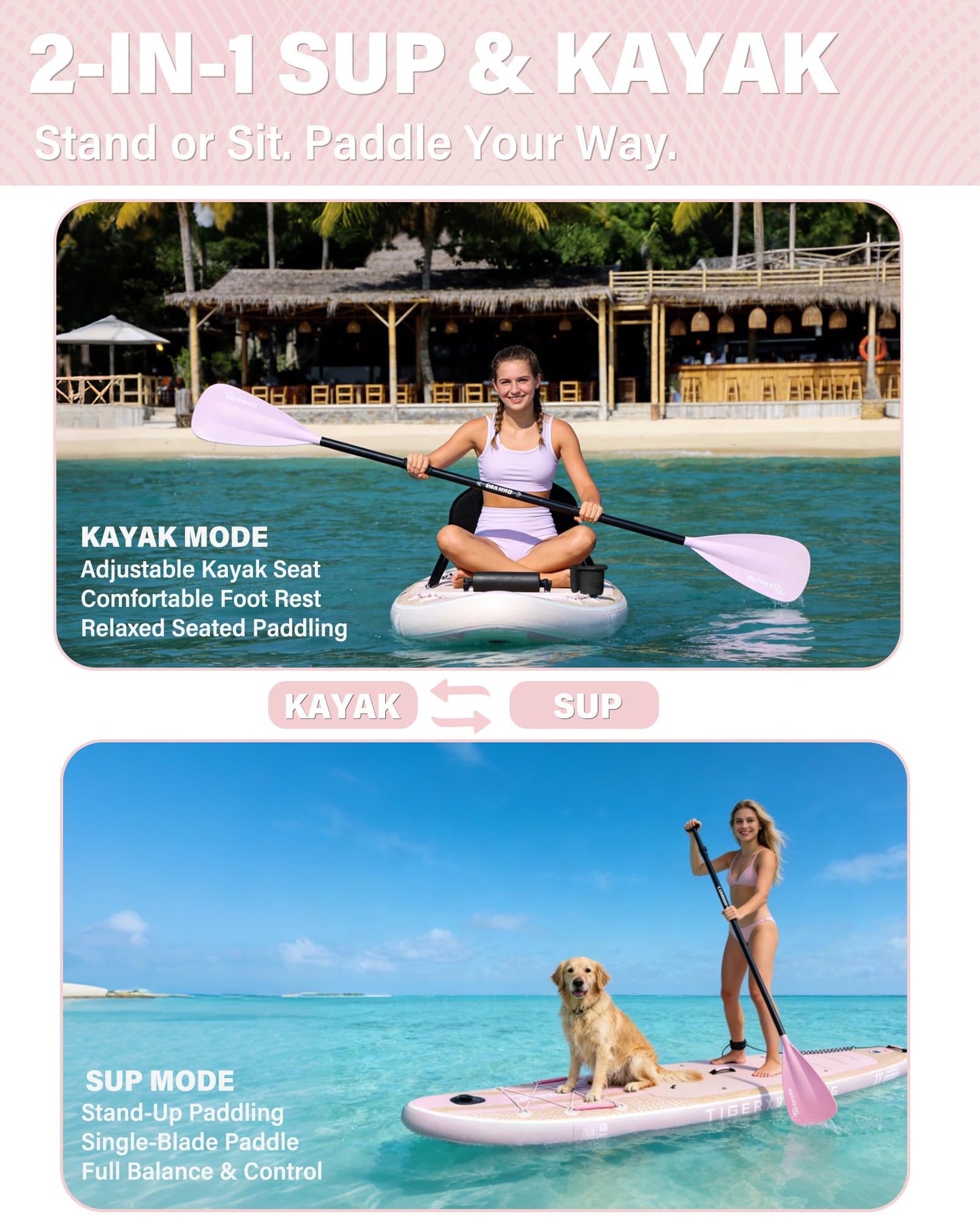 TIGERXBANG Inflatable Stand Up Paddle Board with SUP Board Accessories, Anti-Slip EVA Deck, 11' Paddleboard for Adults & Youth - All Skill Levels, Pink