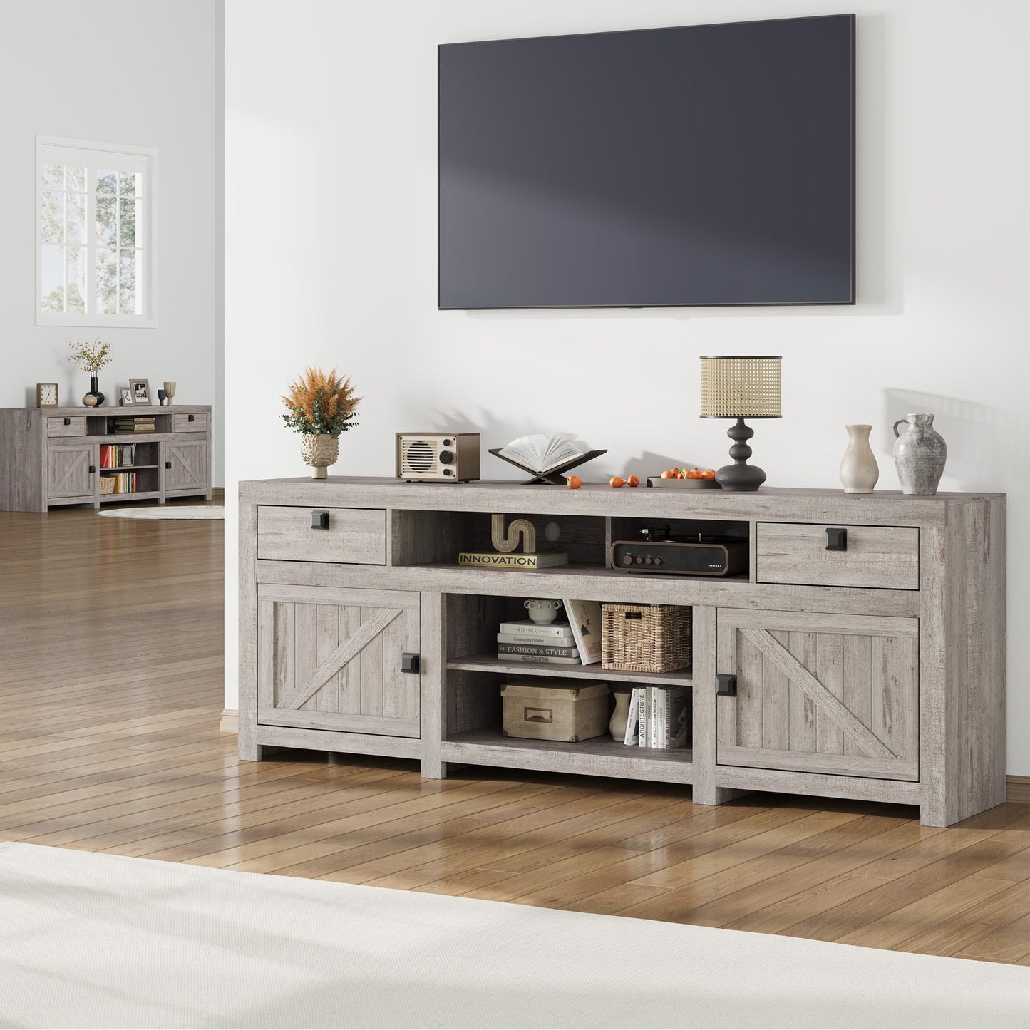 IDEALHOUSE Farmhouse TV Stand for Tv Up to 80 Inches, 70 in Long Entertainment Center with 4 Storage Drawers & 3 Open Shelf, Television Consoles Stands for Living Room, Bedroom-Antique Grey