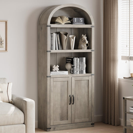 GarveeHome Bookcase with Doors Arched Bookshelf 71.65 in Tall Bookcase Farmhouse Cabinet with Shelves Wooden Bookshelves for Home Office, Living Room (Grey)