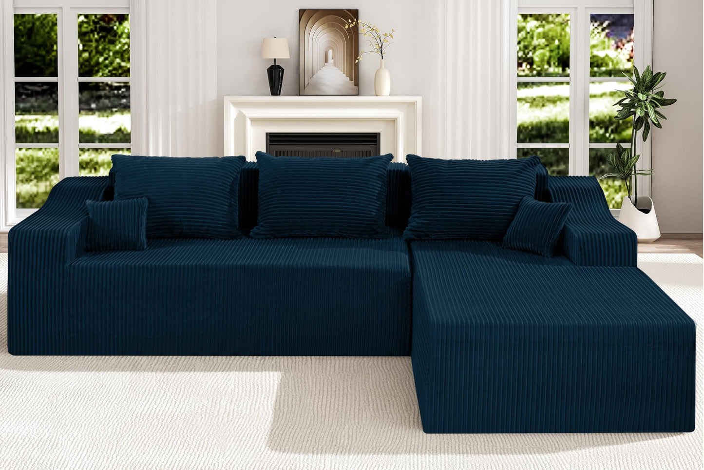 HABUTWAY 105" Modular Sectional Couches for Living Room, Boneless Couch with L-Shape Chaise,Comfy Sofa Living Room Sofas with Deep Seat,No Assembly, Corduroy Fabric(Blue,Right)