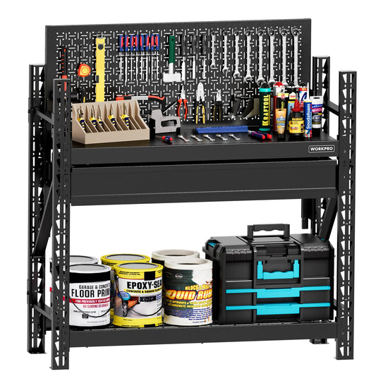 WORKPRO 50" Heavy Duty Steel Workbench with Pegboard & Drawer, 3180lbs Capacity Garage Workbench, Sturdy Shelves, Tool Storage Work Benches for Garage, Workshop & Woodworking