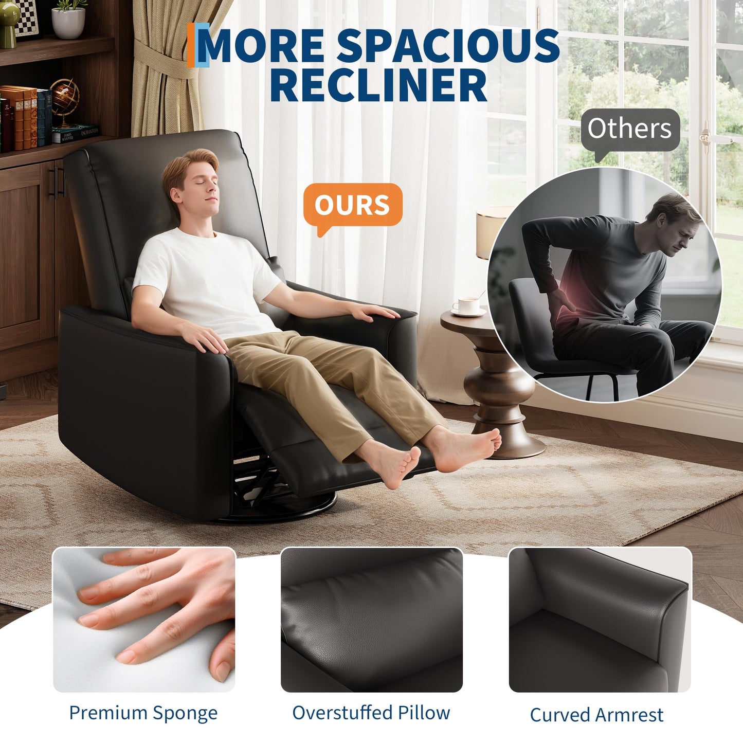 Garvee 360° Swivel Rocking Recliner Glider Chair – High-Back PU Leather Deep Seat Manual Recliner for Nursery, Living Room, Bedroom & Home Theater