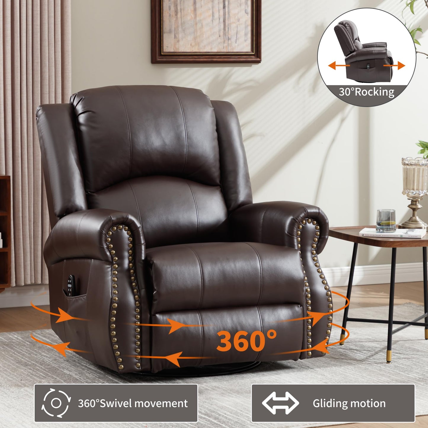 GDFStudio Heat Massage Swivel Rocker Recliner Chair, Manual Fabric Recliner with 360° Swivel, Rocking Function, Lumbar Heat and 8-Point Massage, Overstuffed Living Room Reclining Chair, Brown