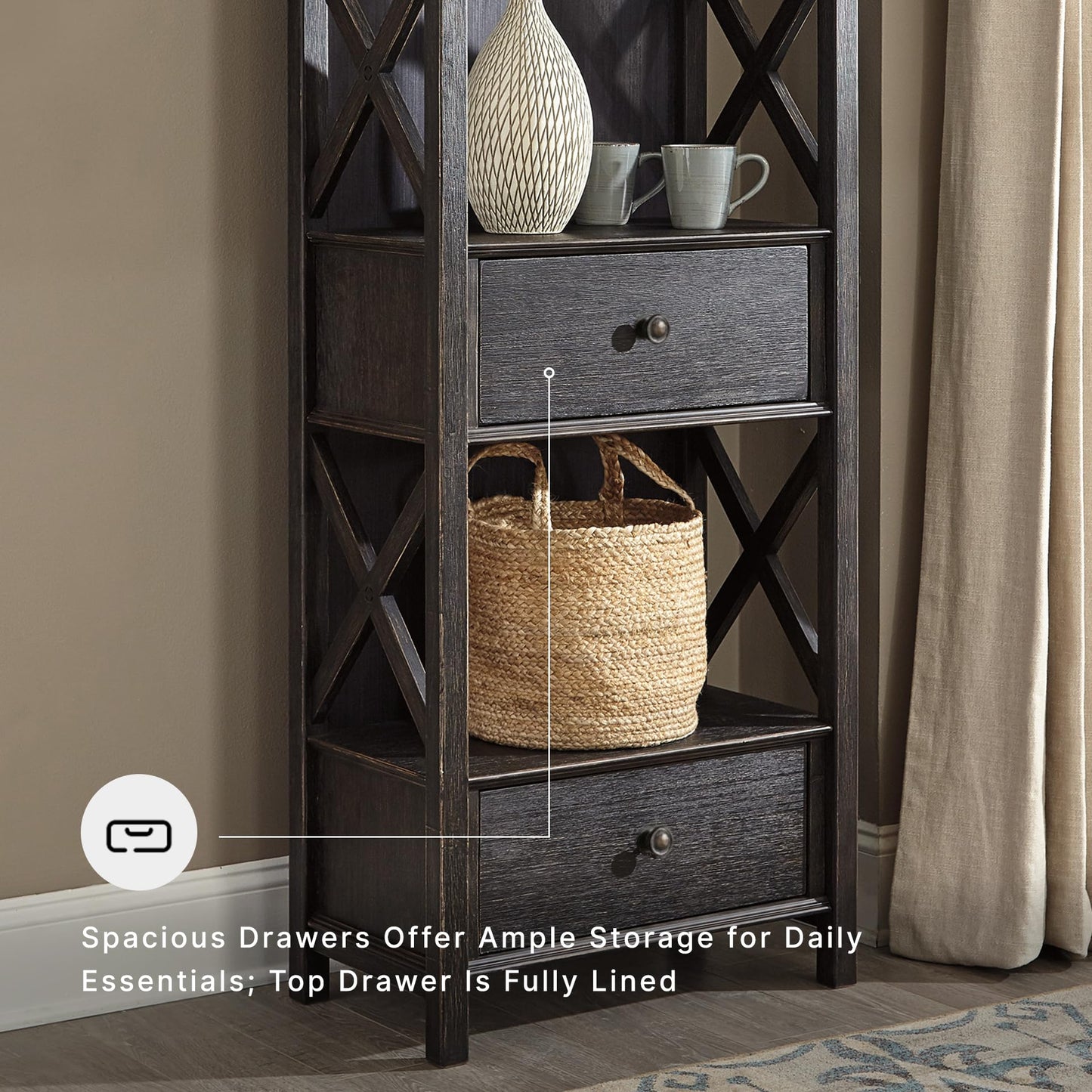 Signature Design by Ashley Tyler Creek Casual Farmhouse 75" Display Cabinet or Bookcase with Drawers and Shelf, Open Lattice Sides, Wood, Gray Black Finish