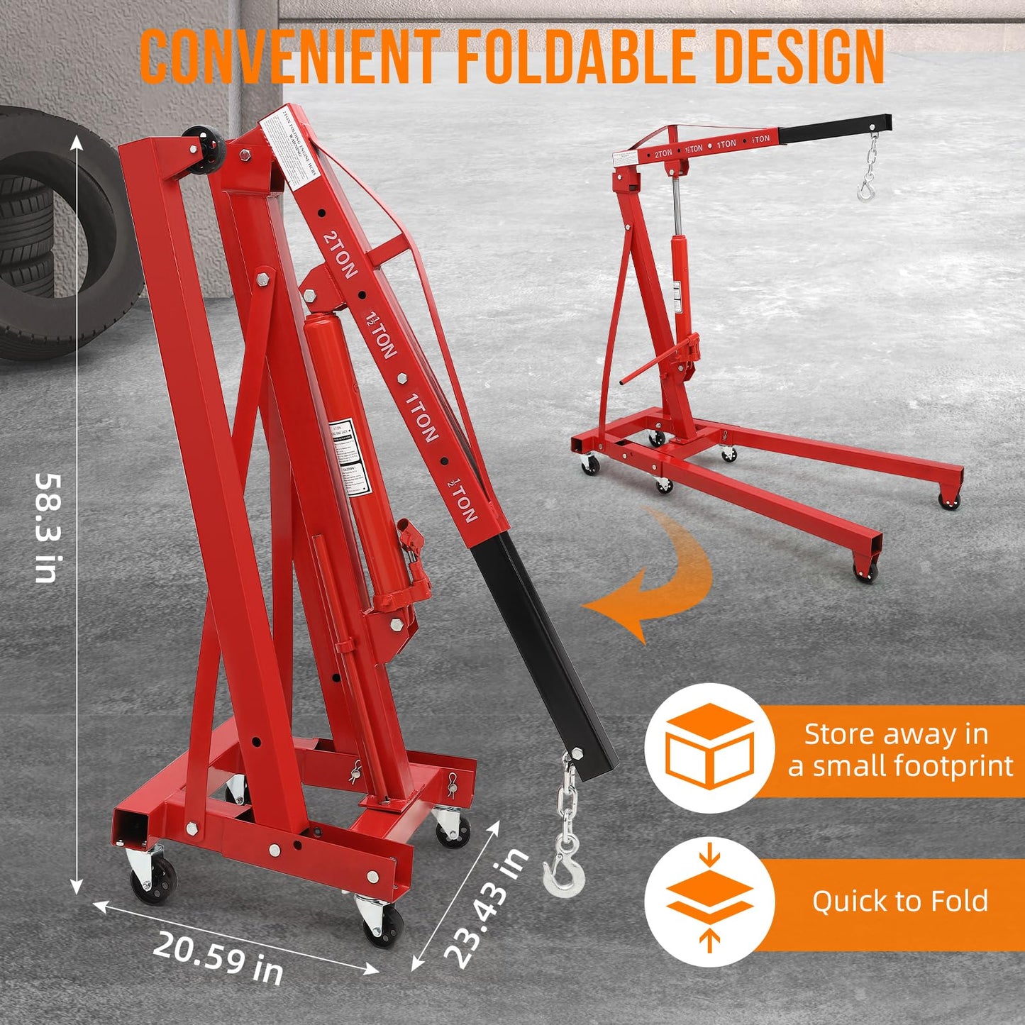 Garvee 2 Ton Engine Hoist, Hydraulic Cherry Picker Engine Crane, Heavy Duty Folding Shop Crane with 6 Casters, Engine Lift for Garage, Workshop, Red