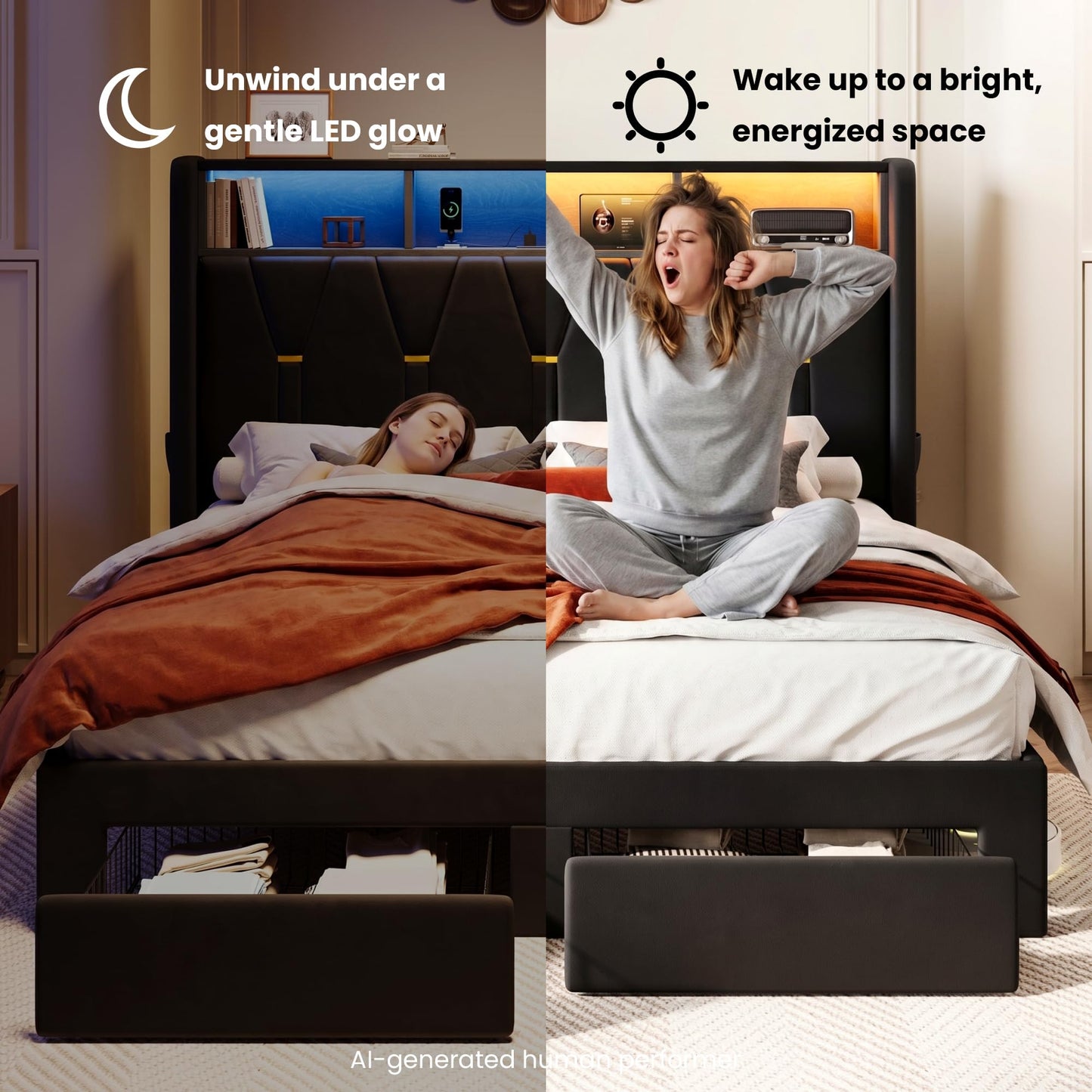 SHA CERLIN Queen Velvet Platform Bed Frame with 2 Storage Drawers, LED Storage Headboard with Charging Station, Upholstered Wingback Headboard, Noise-Free, No Box Spring Needed, Easy Assembly, Black