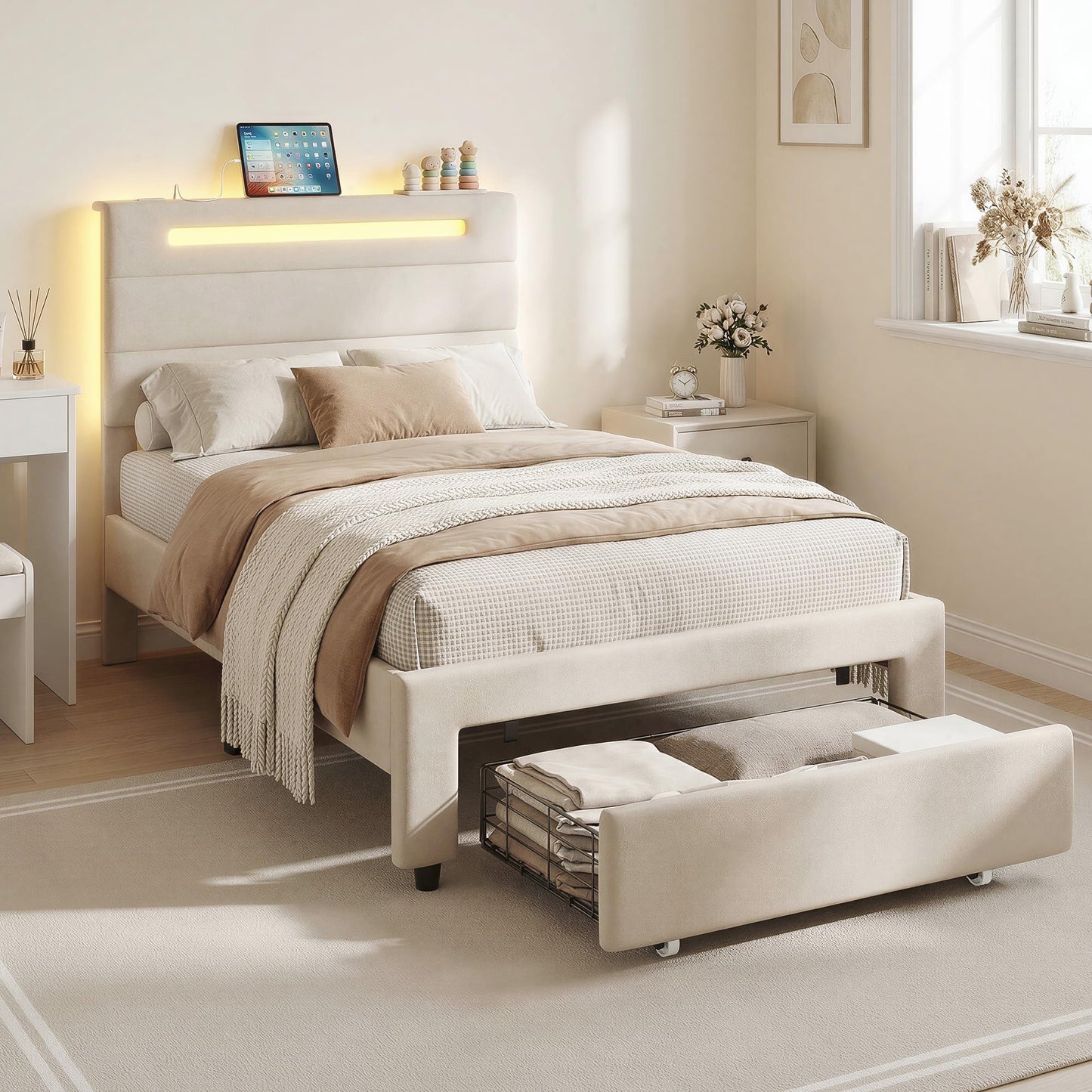 LIKIMIO Twin XL Bed Frames with Storage Drawer, LED Lights & Charging Station, Upholstered Modern Platform XL Twin Bed Frame with Headboard, No Box Spring Needed, Easy Assembly, Noise-Free, White