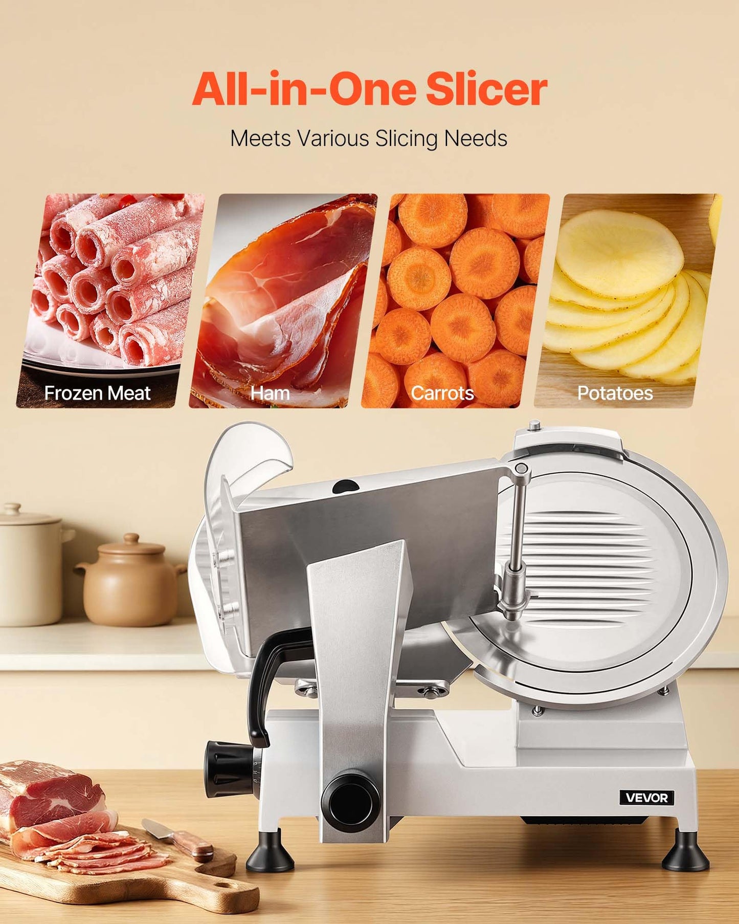 VEVOR Commercial Meat Slicer, 320W Electric Deli Food Slicer with 12" Carbon Steel Blade, Built-In Sharpener & 0-0.6" Adjustable Thickness for Frozen Meat, Ham, Baguett, Steak, UL Approved