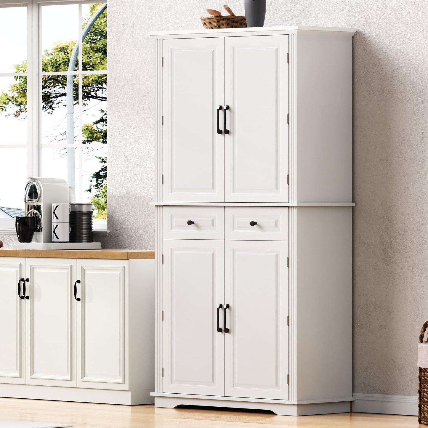 Merax 71" Tall Kitchen Pantry, Farmhouse Storage Cabinet with 6 Door Shelves, 2 Drawers and 3 Adjustable Shelves, Freestanding Rustic Wood Cupboard for Kitchen, Dining Room, White