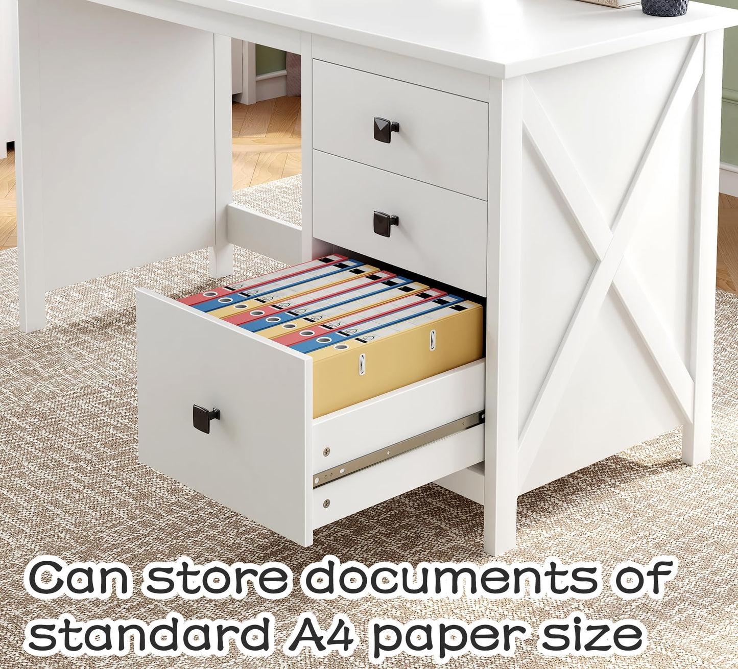 JSB 47.2'' White Computer Desk for Home Office,Farmhouse Executive Desk with 3 File Drawers,Study Writing Table Storage Cabinet,Makeup Vanity Desk for Bedroom (White, 47.2in)