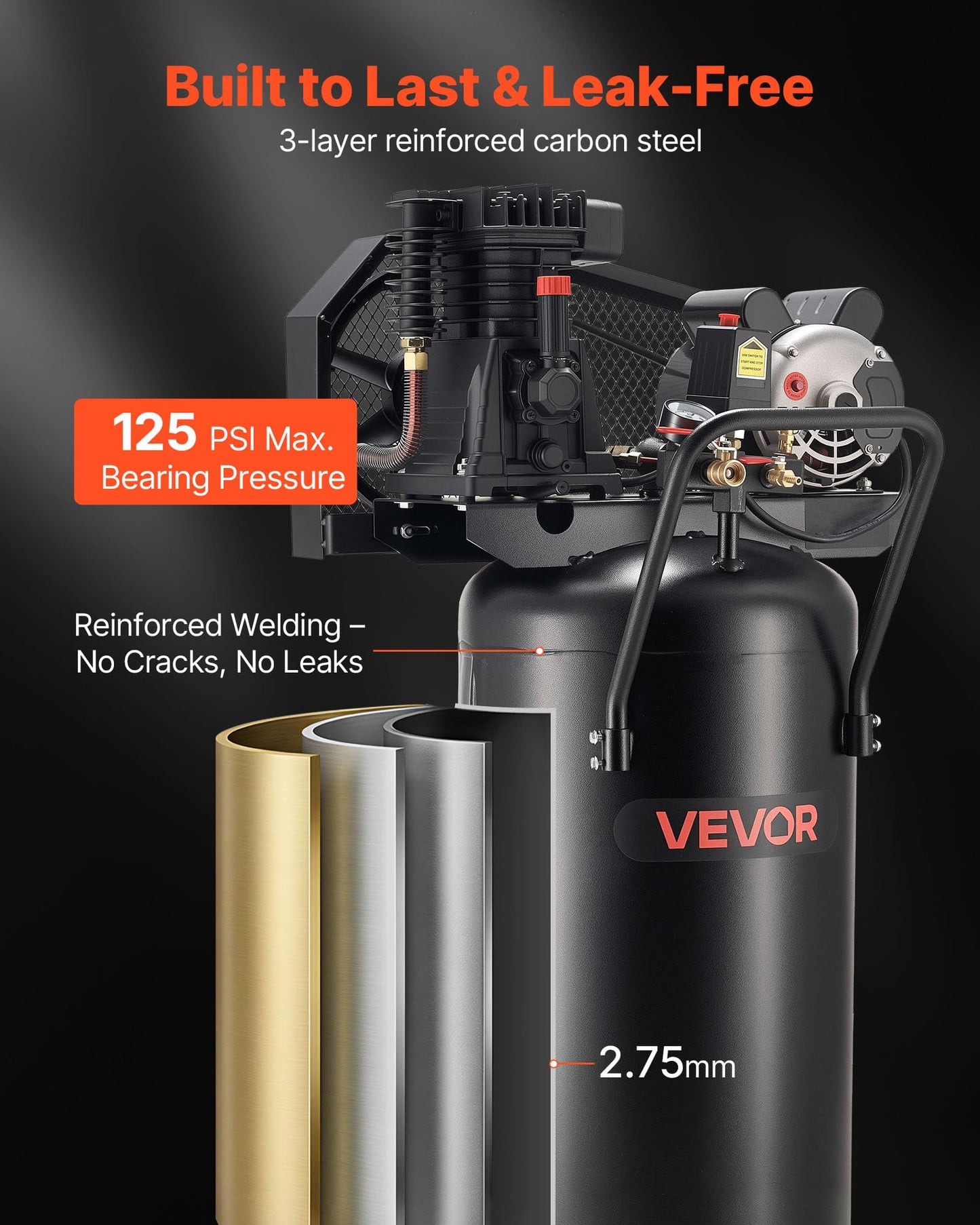 VEVOR 30 Gallons Air Compressor, 2HP 5.3SCFM at 90PSI, Max 125PSI Pressure Oil-Lubricated Air Compressor Tank, Portable on Wheels for Auto Repair,Tire Inflation,Spray Painting,Woodwork Nailing,120V