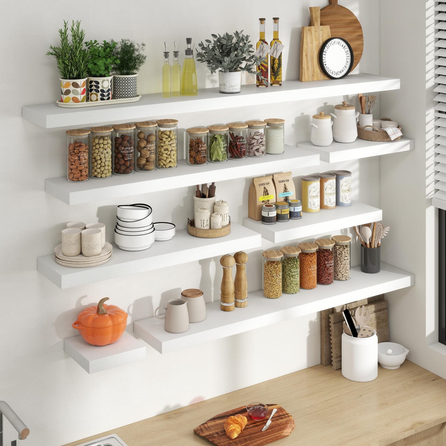72 Inch Floating Shelves for Wall, 8 Inch Deep Floating Shelf for Storage & Display, Rustic Wall Mounted Shelf with Invisible Brackets for Living Room, Kitchen, Bathroom, Home Decor, Set of 2, White