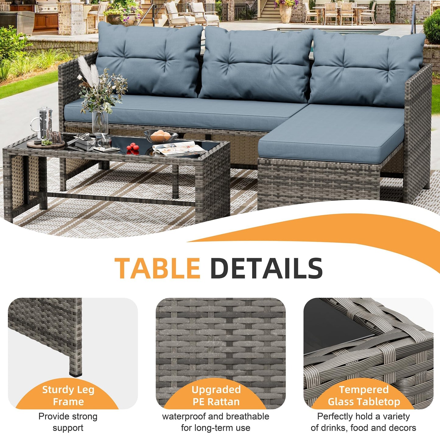 Shintenchi 3 Pieces Outdoor Patio Furniture Sets, Wicker Patio Conversation Sets, All Weather Wicker Rattan Patio Seating Sofas with Glass Coffee Table and Cushion, Blue-Gray