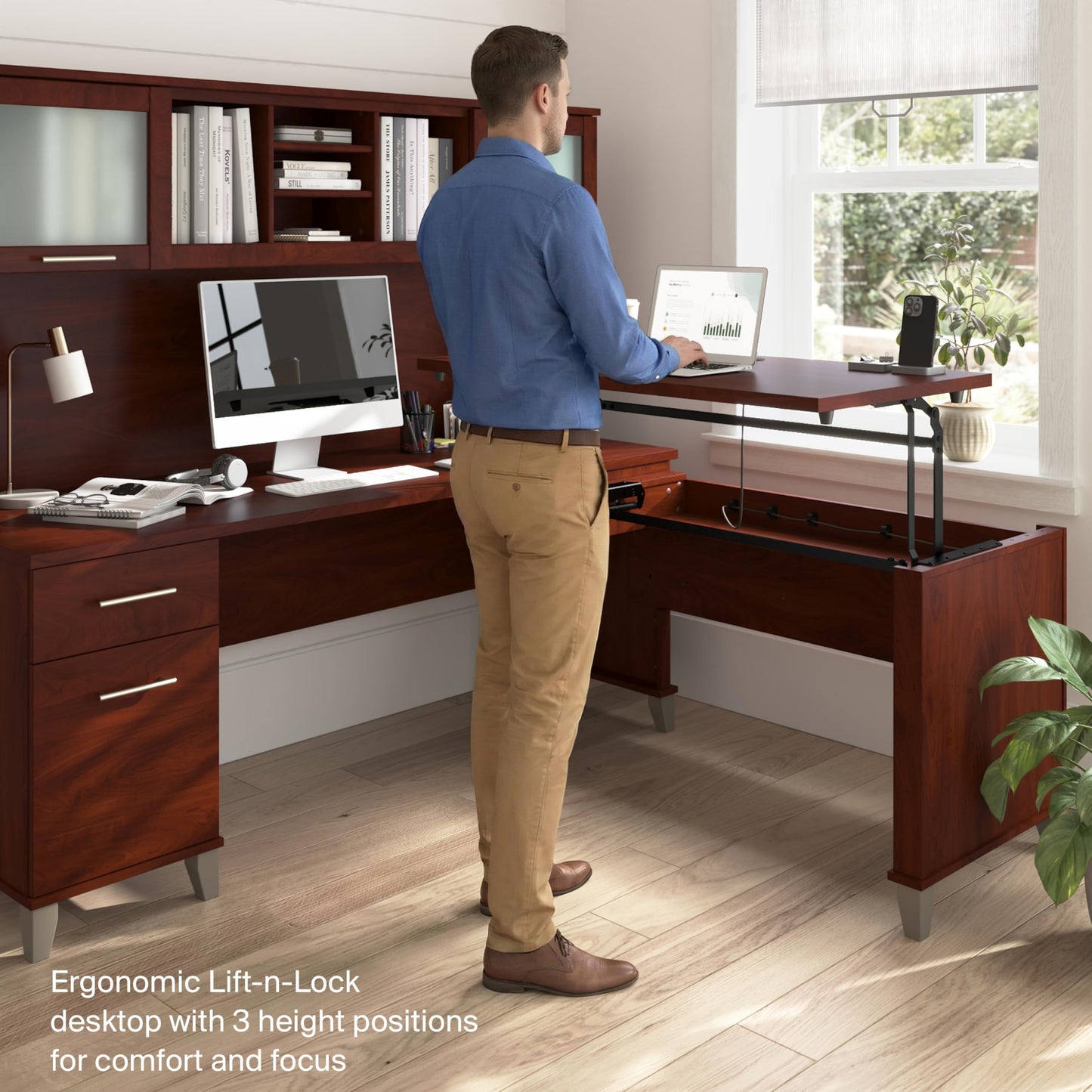 Bush Home 72-Inch L-Shaped Sit to Stand Desk with Hutch, Adjustable Height Standing Corner Computer Desk with Drawers, Shelves and Storage Cabinet, Home Office, Somerset Collection, Hansen Cherry
