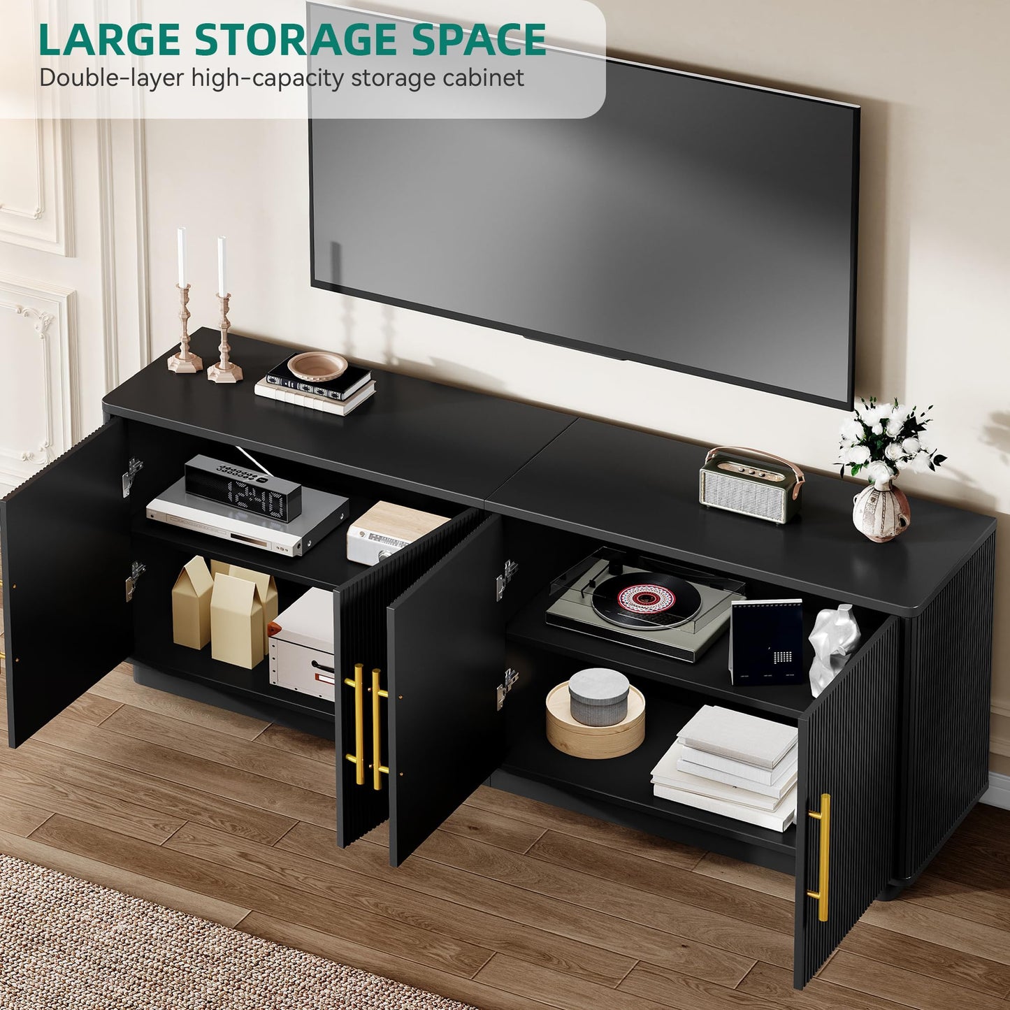 YITAHOME TV Stand for TVs up to 80 Inches, Media Console with 4 Fluted Doors, 70" Entertainment Center with Ample Storage for Living Room(Black Oak)