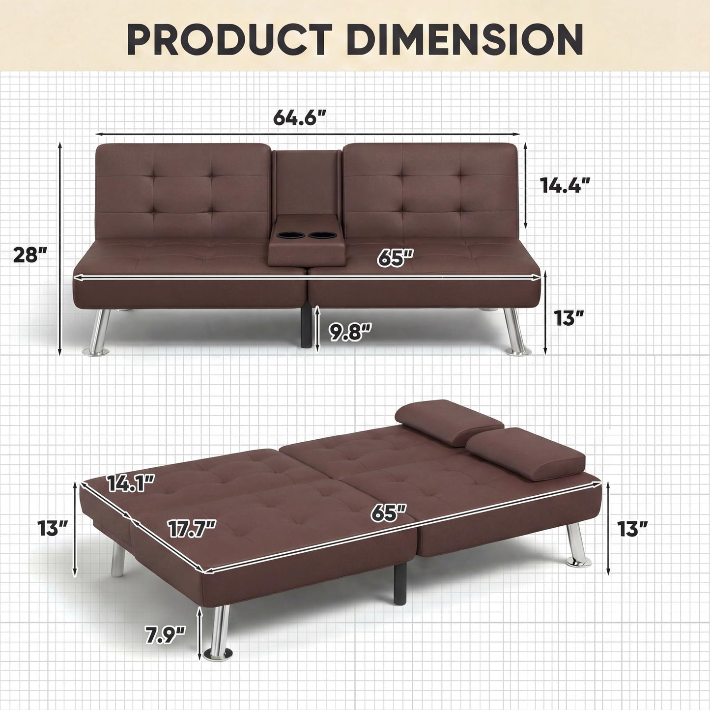 YESHOMY Modern Futon Sofa Bed, Convertible Futon Couch with Adjustable Backrest, Futon Loveseat Sleeper Sofa Bed with Armrest for Living Room, Small Spaces,PU Leather, Brown