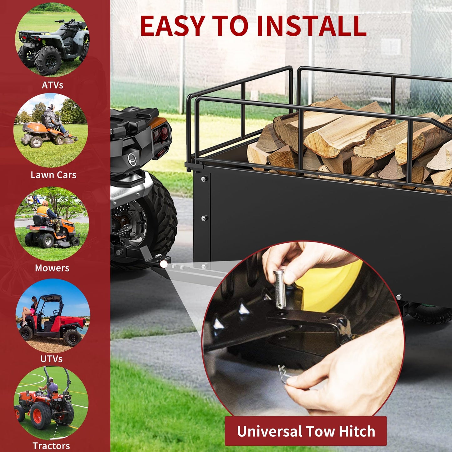 YITAMOTOR ATV Dump Trailer, Heavy Duty Tow Behind Dump Cart, Capacity 750lbs, 17.5 Cu.Ft. Yard Garden Trailer for Pull Behind Lawn Mower Trailer Tractor, Alloy Steel Shelf & Extra 5" Height Guardrail