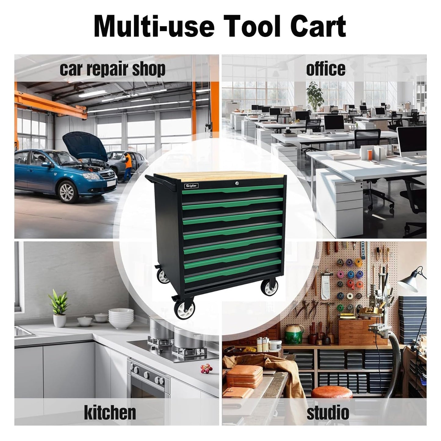 Griplier 7-Drawer Tool Chest with Wood Top, 31.3W x 18.9D x 32.3H inches, Black and Green，Locking Rolling Tool Box with Wheels,Mechanic Tool Cabinets for Garage, Warehouse,Repair Shop(7 Drawers)