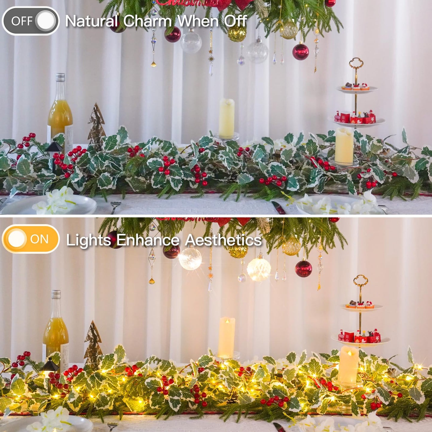 suddus 40 LED Battery Powered Christmas Fairy Lights, 12.5ft Vine String with Red Berries & Holly Leaf, Ideal for Xmas Decor