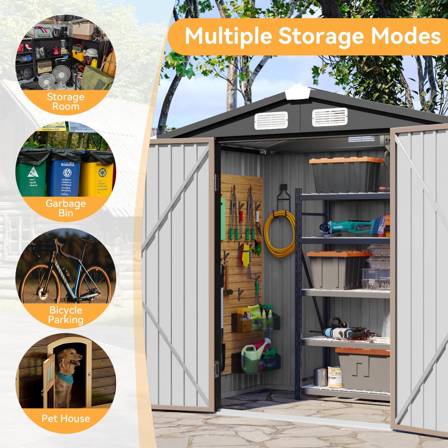 Aoxun 6x3.9 FT Metal Outdoor Steel Shed with Lockable Doors Tool Shed Bike Shed for Backyard, Patio, Poolside (Brown)