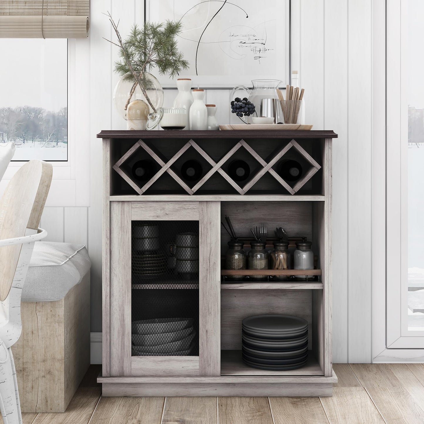 24/7 Shop at Home Wynot Farmhouse 4 Shelves Wood 31 in. Buffet, Sideboard with Wine Rack, Sliding Door for Dining Room, Kitchen, Coastal White