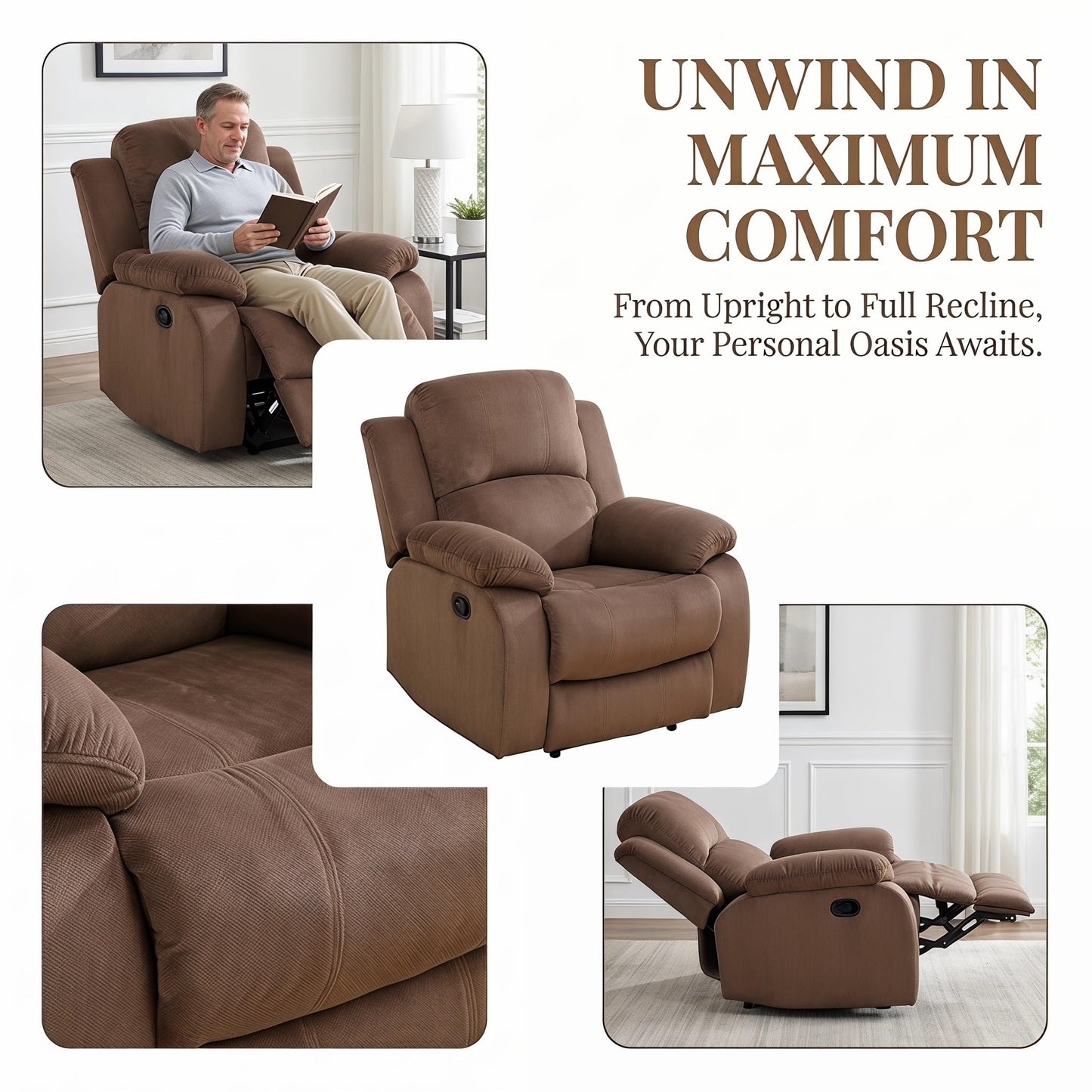 Trygoal Manual Recliner Chair, Nursery Rocking Chair, Velvet Recliner Chair for Adults, Lazy Boy, Gaming Recliner wih Overstuffed Arms, Suitable for Home Theater, Living Room, Bedroom, Brown