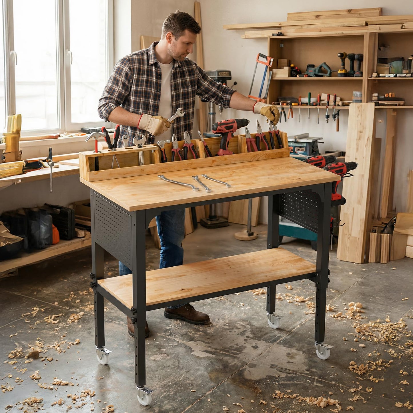 Workbench Adjustable Height Heavy Duty Work Bench with Storage, 2200 LBS Load Capacity Work Table, Pegboard, Built-in Power Outlet, Lockable Wheels for Garage, Workshop, Warehouse & Home