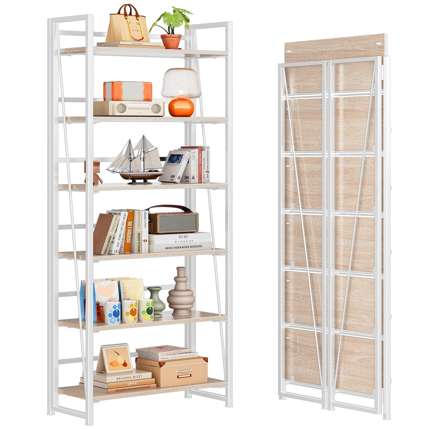 4NM No Assembly Folding Bookshelf, 6-Shelf 74" H Collapsible Foldable Bookcase Storage for Small Spaces, Natural White