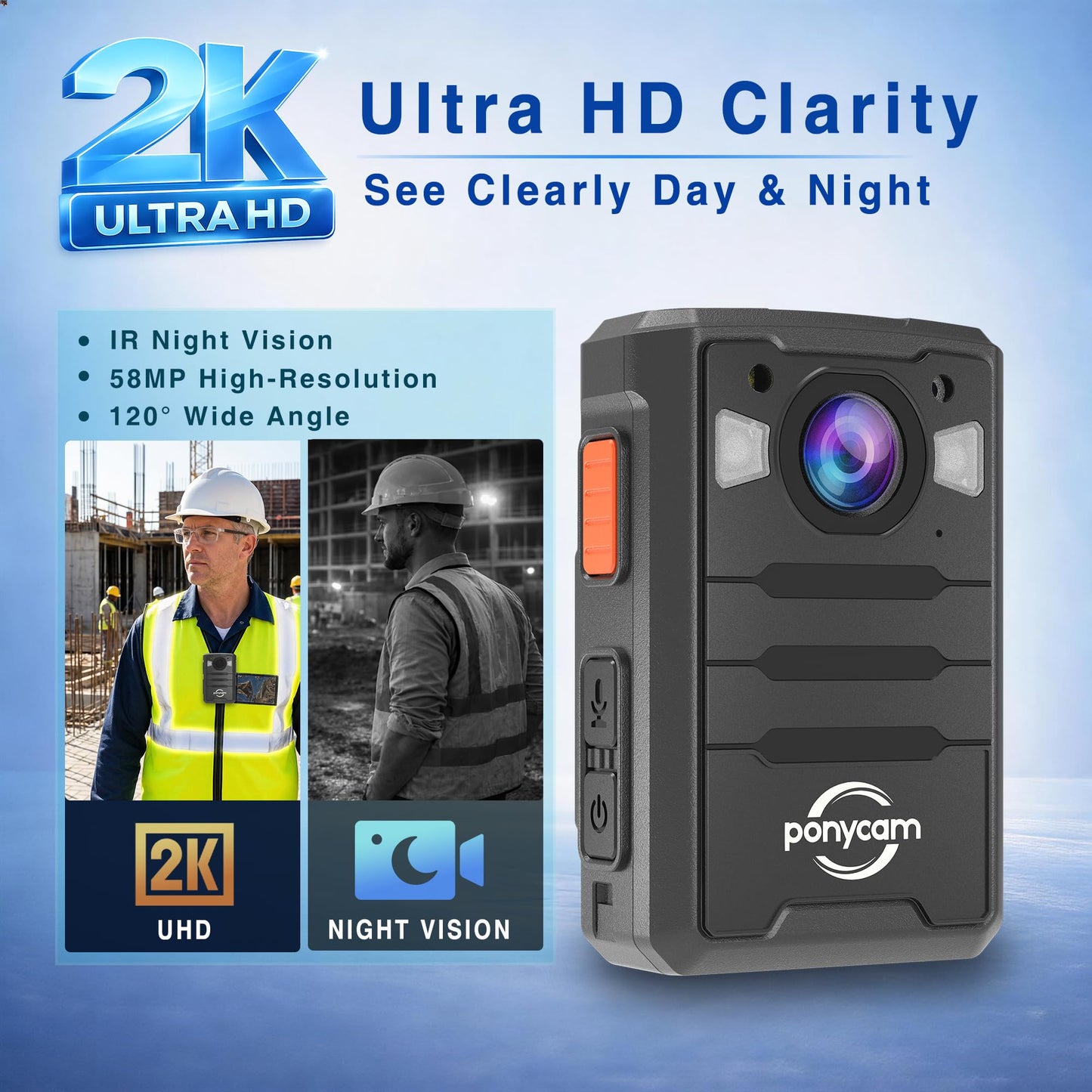 ponycam 1440P 4G GPS Body Camera, SIM Card Included, 17H Record Time, 3600mAH Battery, 128G Memory Audio Video Recording and Intercome Body-Worn Camera, Data-encrypt for Security, Work, Guard