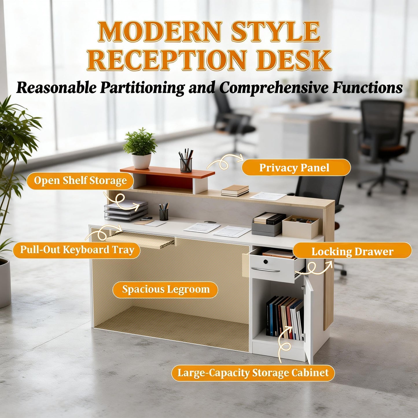 Modern Reception Desk with Counter & LED Lighting, Small Front Desk with Locking Drawer, Keyboard Tray & Cable Grommets, White Stone & Wood for Salon, Boutique, Retail Store & Office (55 in, Left)