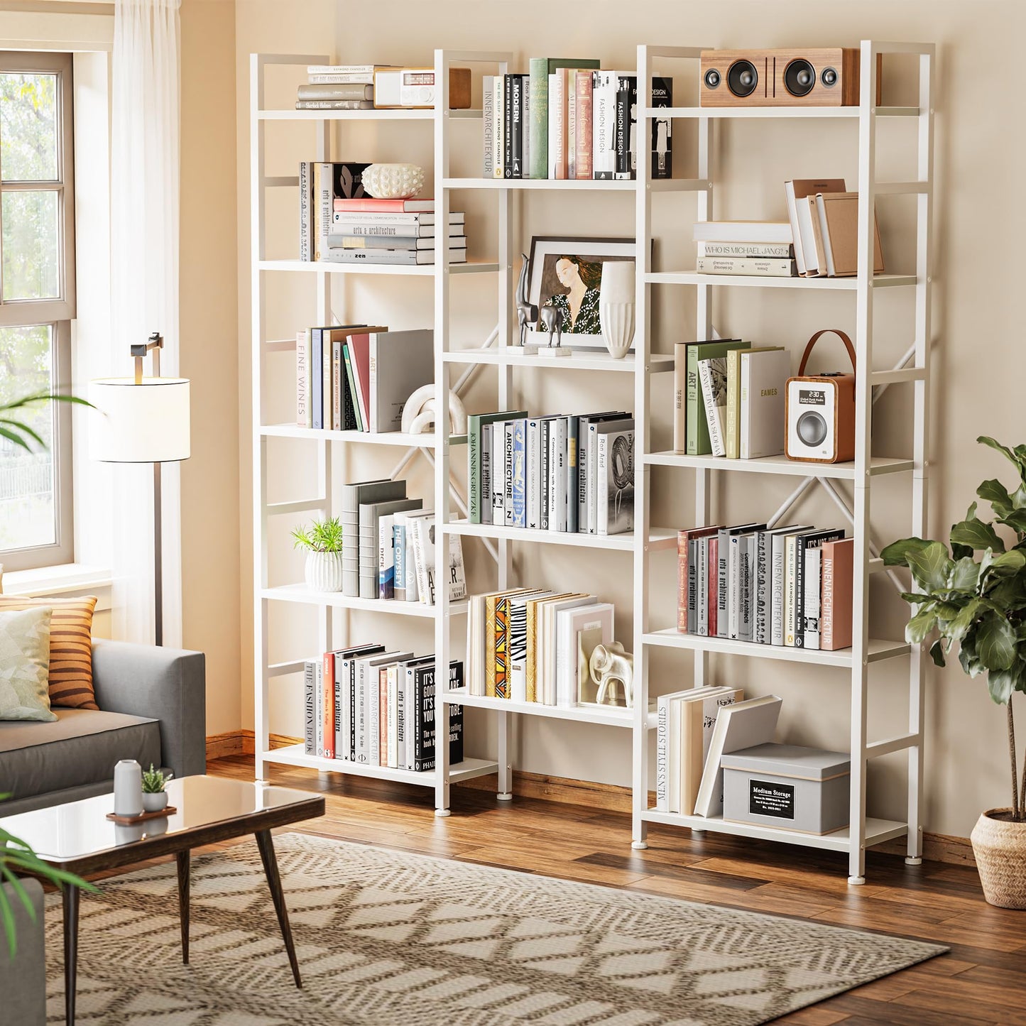 SUPERJARE Triple Bookshelf, Bookcase with 14 Open Display Shelves, Wide Book Shelf Book Case for Home & Office, 5 Tier, White