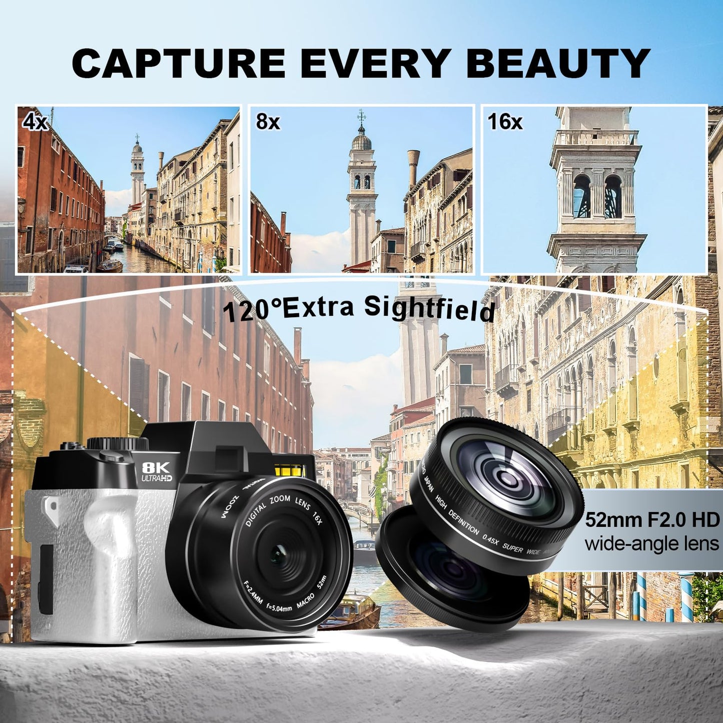 8K Digital Cameras for Photography, 64MP Vlogging Camera with 180°Flip Screen，2 Batteries, 64GB TF Card，16X Zoom, WiFi,Microphone, Wide & Macro Lens Kit (Black) (White)