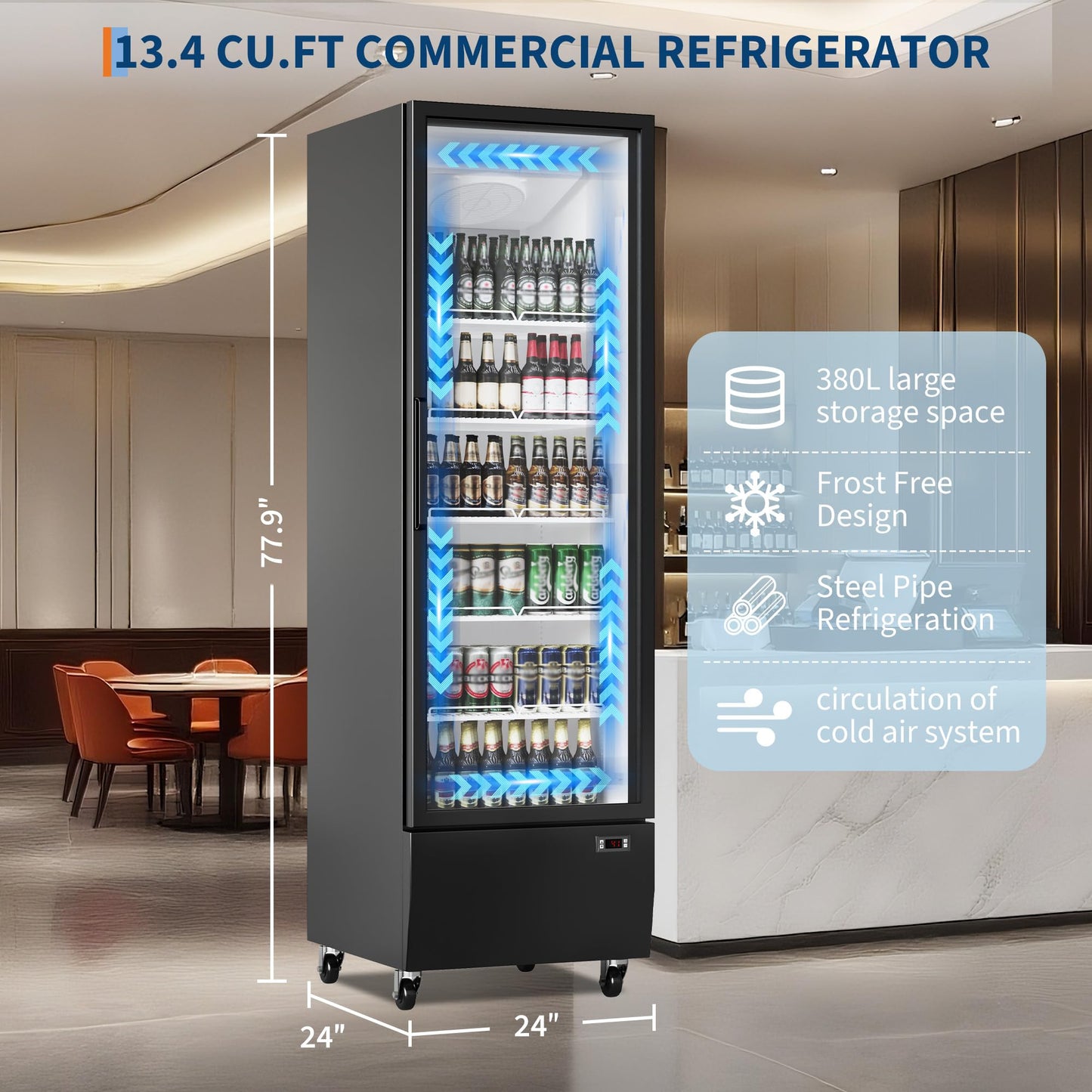 Commercial Display Refrigerator, 13.4 Cu.Ft, Display Merchandiser Fridge with Glass Door, 5 Adjustable Shelves, 5 Adjustable Shelves fo Restaurant, Store, Bar, Cafe, Baker, Single Door, Black