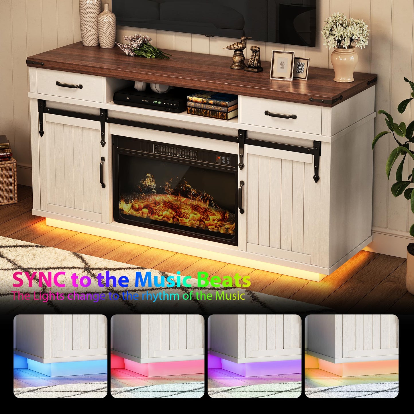 Jocoevol 58" Farmhouse Electric Fireplace TV Stand for TVs up to 65", Entertainment Center with 2 Large Storage Drawers, Sliding Barn Doors, Adjustable Shelves, TV Console for Living Room - White