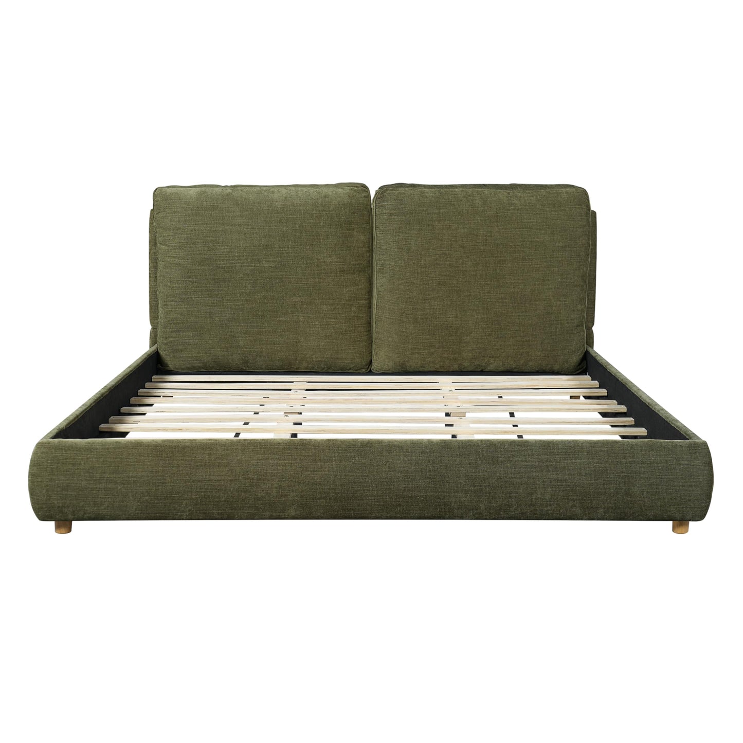 Merax King Size Boucle Fabric Upholstered Platform Bed with Two Removable Pillow Headboard, Wood Bed Frame with Solid Round Legs for Kids Teens Adults, Olive Green