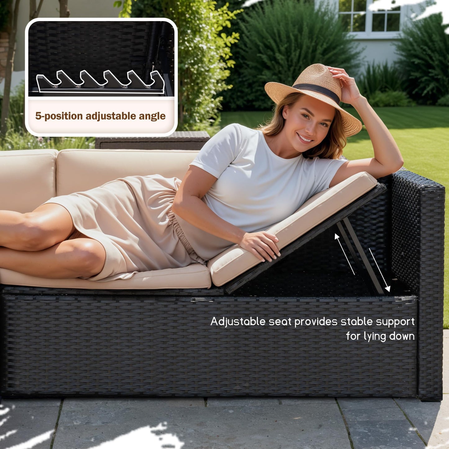 Greesum 3 Piece Patio Furniture Set Outdoor Wicker Rattan Sectional Sofa with Adjustable Seat, Soft Cushions & Coffee Table for Yard, Garden, Porch, Poolside, Beige