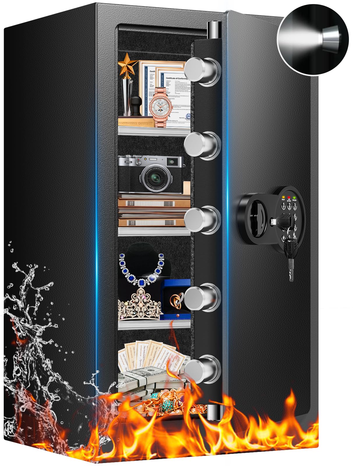 Mitlvge 35Min Fireproof Safe, 7.5 Cubic Feet Home Safe Box with 3-Removable Shelf, Fire Safe with Digital Keypad, Smart Alarm and Silent Mode, Fire Proof Safe for Home Documents and Office