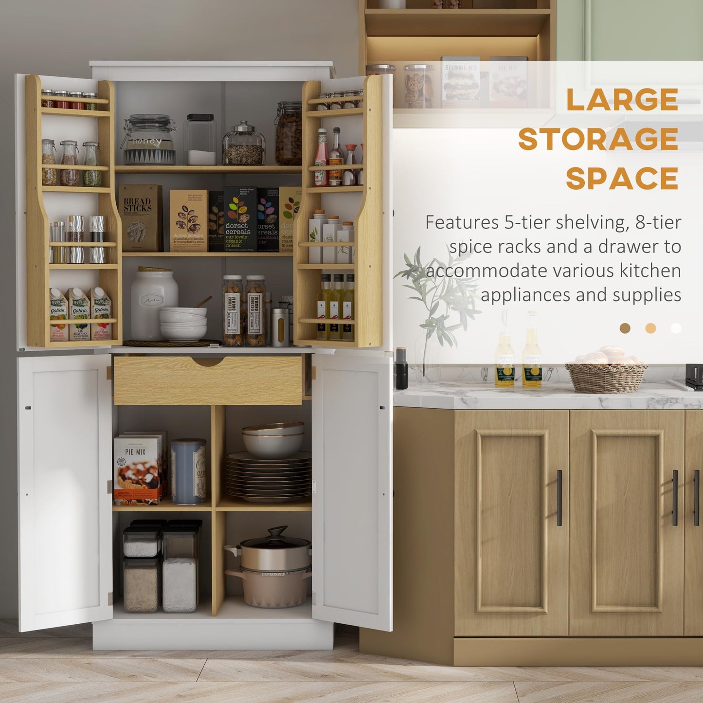 HOMCOM 72" Kitchen Pantry, Modern 4-Door Kitchen Storage Cabinet with Inside Drawer, Hanging Door Shelves, 5-Tier Shelving and Adjustable Shelf, White