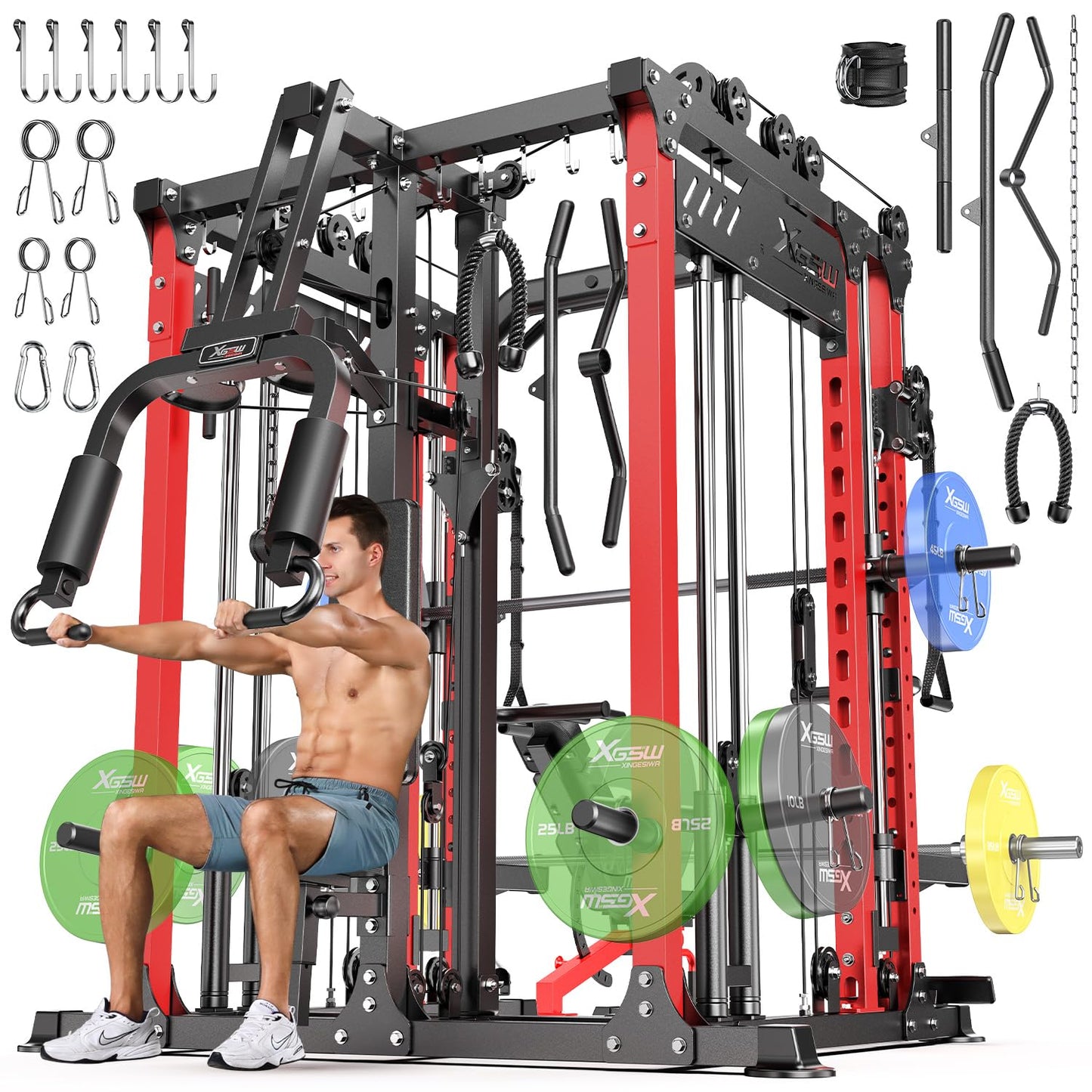 Smith Machine with Cable Crossover System, Multi-Function Power Cage Squat Rack for Home Gym, Power Rack and Packages Weight Sets. (Red, L06-Smith Machine+Weight Bench)