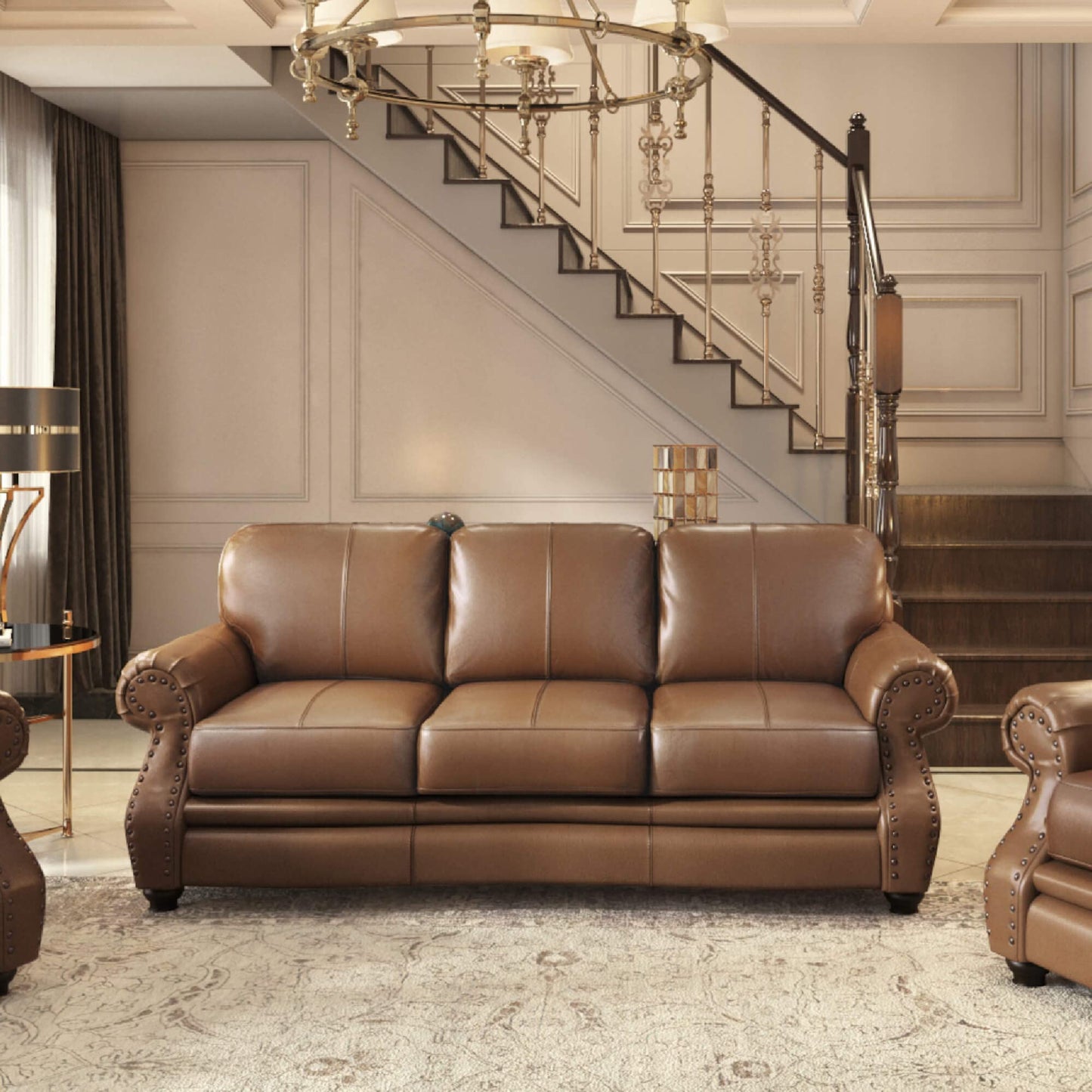 Sunset Trading Charleston 86" Wide Top Grain Leather Sofa | Chestnut Brown Classic 3 Seater Rolled Arm Couch with Nailheads
