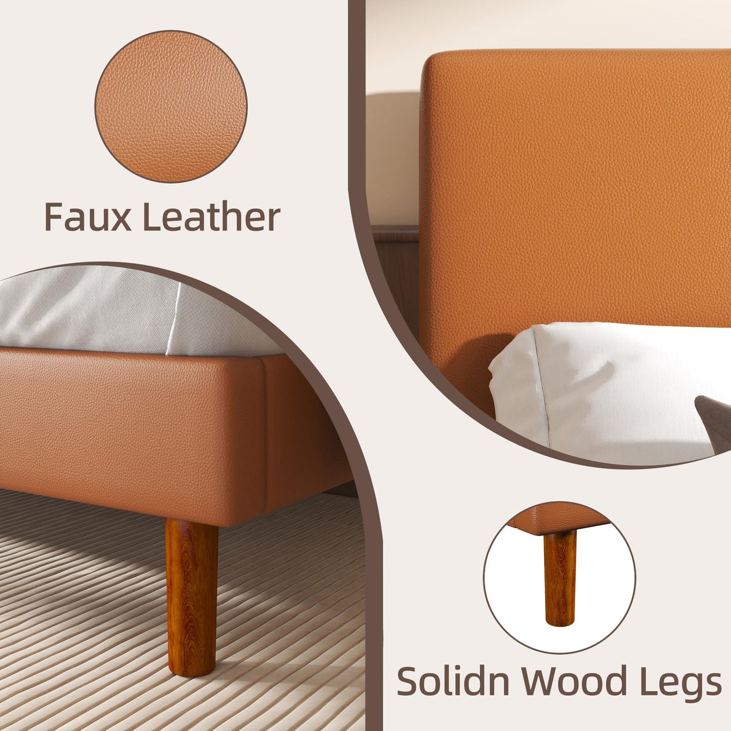 Lcwtvgxr Full Upholstered Platform Bed Frame with Headboard, Faux Leather Modern Bed Frame with Wood Slat Support, No Box Spring Needed, Easy Assembly, Orange-Brown