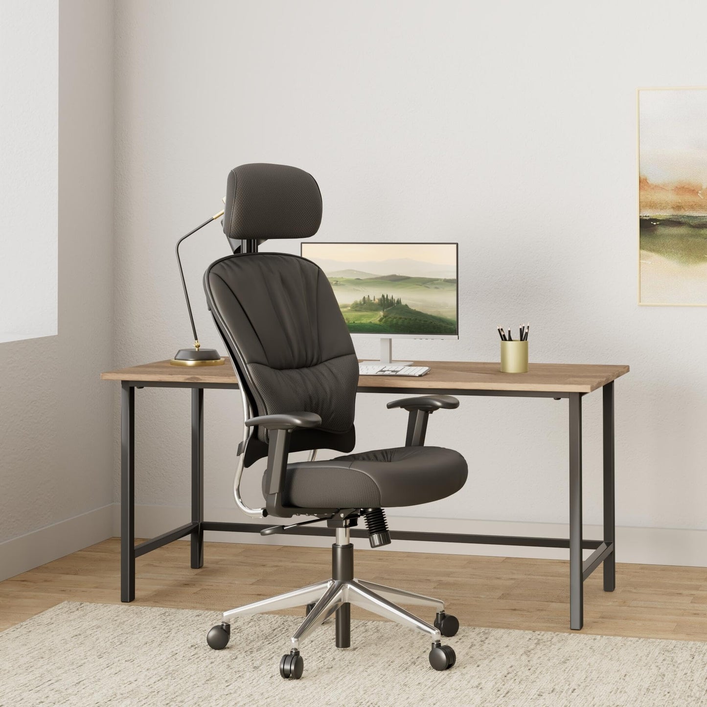 Space Seating Eco Leather Seat and Back, Adjustable Arms and Polished Aluminum Finish Base Executives Chair with Adjustable Headrest, Black