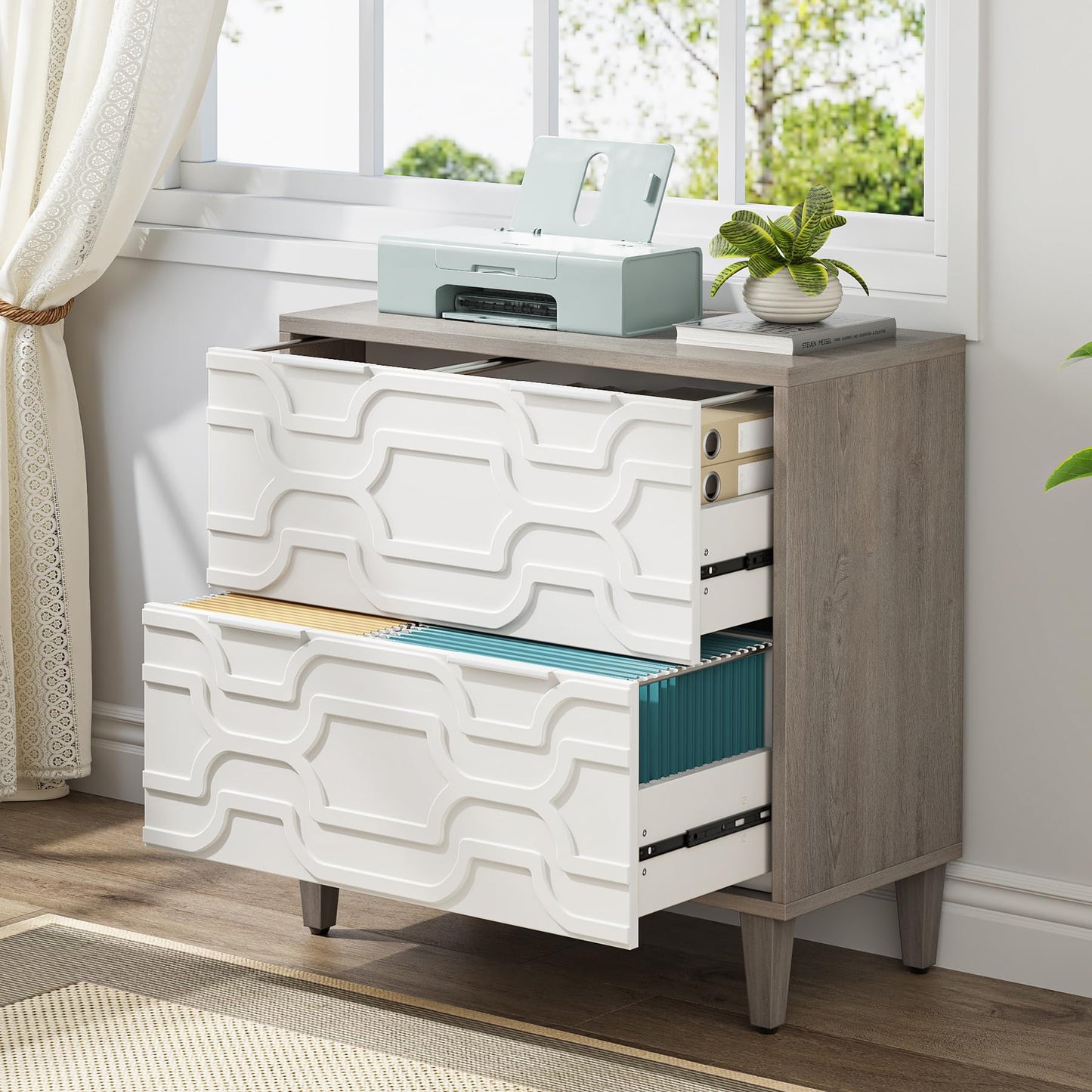 LITTLE TREE 2-Drawer File Cabinet, Lateral Filing Cabinet for A4/Letter/Legal Size, Office Storage Cabinet, Printer Stand with Storage Drawer for Home Office, White