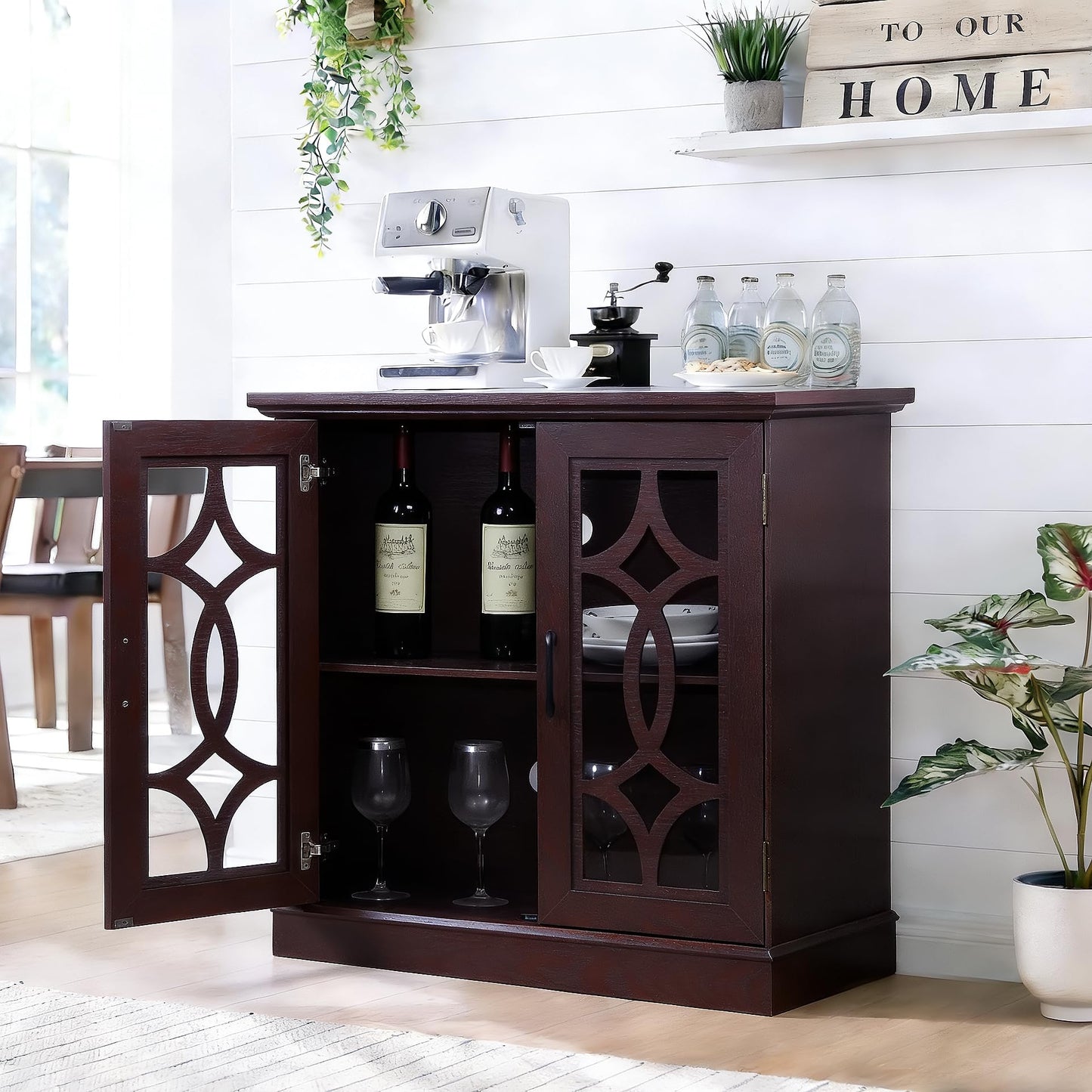 GDFStudio Modern Buffet Sideboard Cabinet, Storage Cabinet with 2 Tempered Glass Doors & Adjustable Shelf, Freestanding Credenza Buffet for Dining Room Kitchen, Accent Cabinet Coffee Bar, Ox Blood Red
