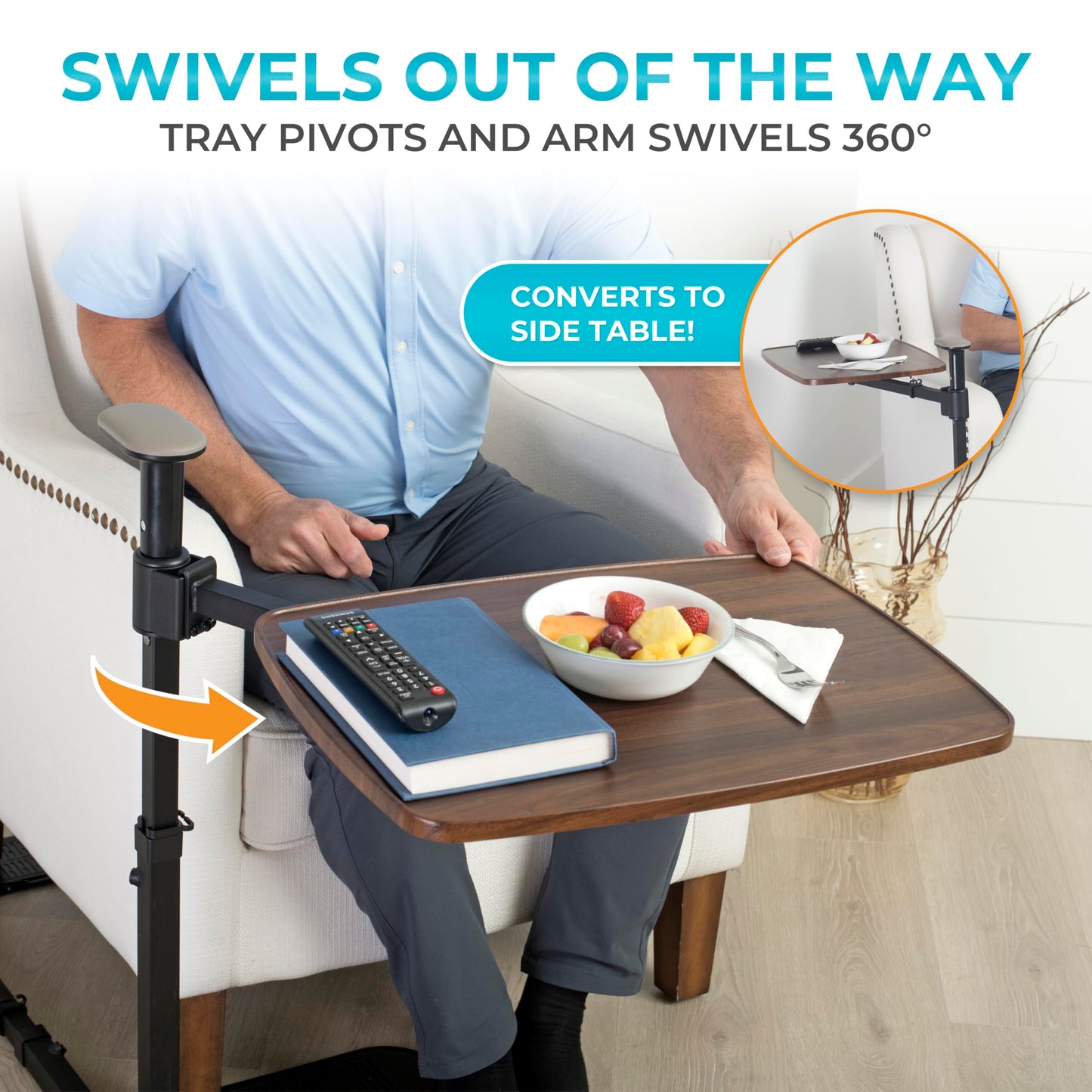 Stander Wonder Tray Plus, Adjustable Recliner Swivel TV Tray with Standing Handle for Seniors & Elderly Adults, Walnut Laptop Desk for Couches & Chairs, Mobility Aid Sit and Stand Assist