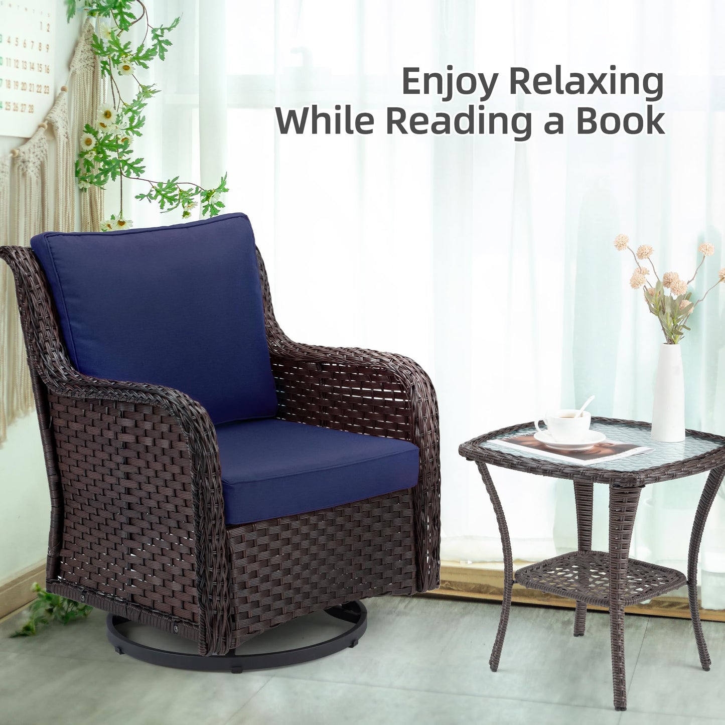 Towallmark Outdoor Swivel Wicker Glider Patio Chairs with Table Set, 3 Pieces Outdoor Bistro Set with 4”Thick Cushions and Coffee Table for Porch, Balcony, Deck (Blue)