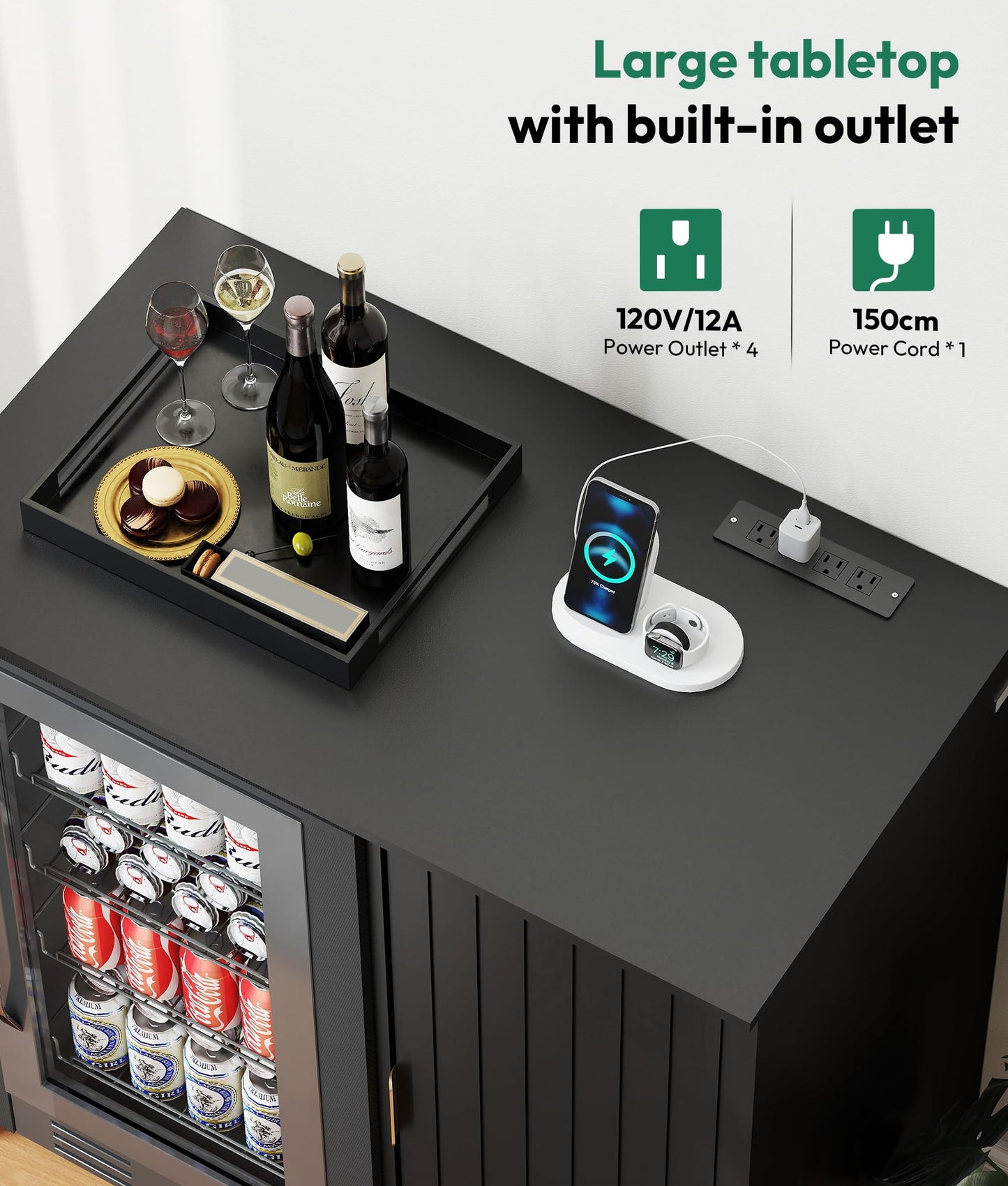 Lamtor Mini Fridge Cabinet with Storage - Snack Bar Cabinet with Power Outlet, Fluted Coffee Bar with Mini Fridge Space for Home Theater,Game Room,Living Room, Black
