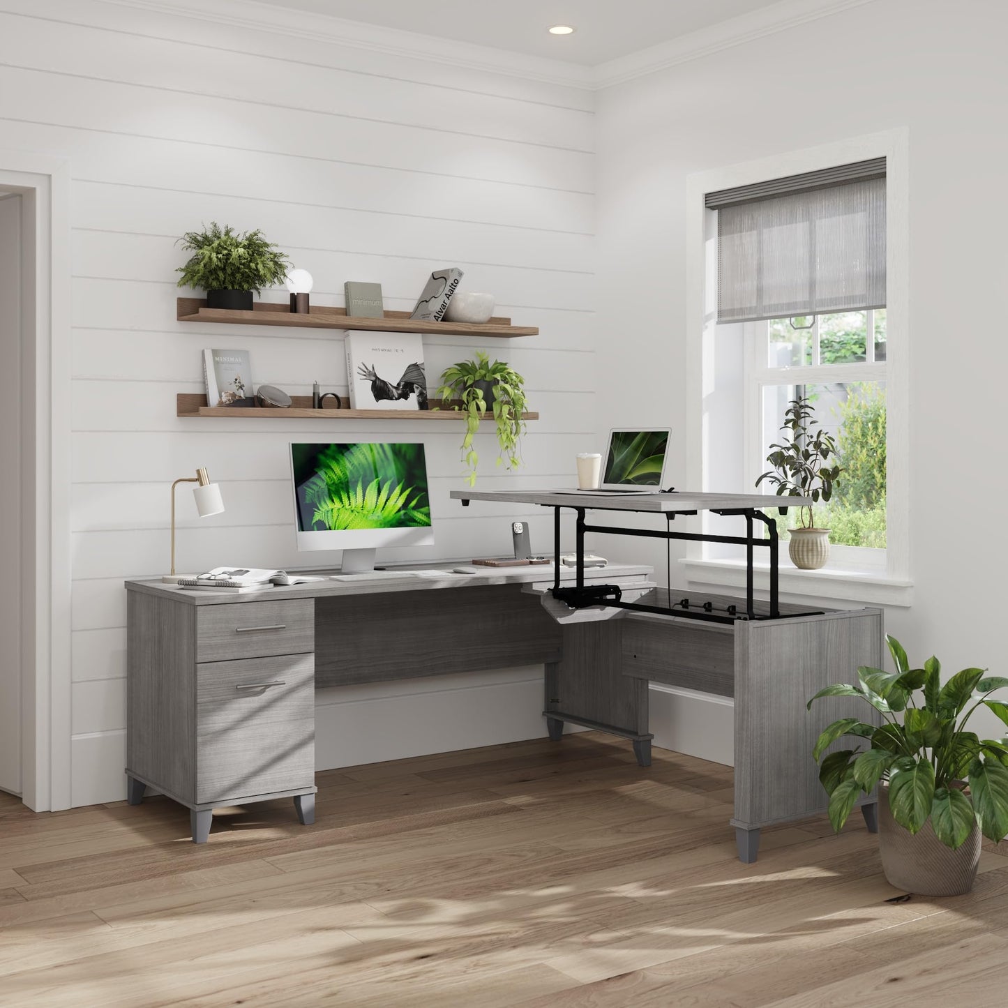 Bush Home Somerset 72W 3 Position Sit to Stand Adjustable Standing L Shaped Desk in Platinum Gray, Ergonomic Corner Computer Office Table