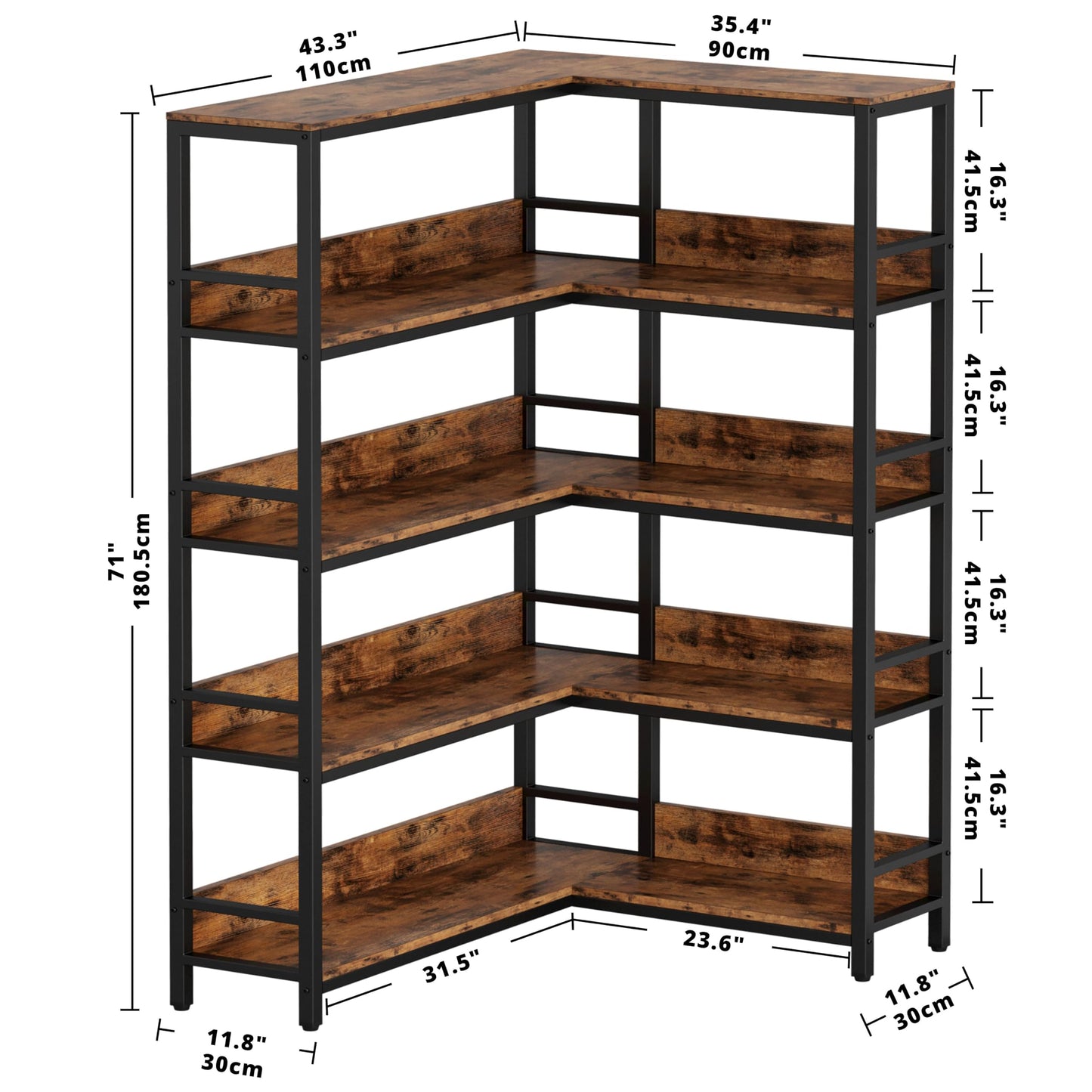 IRONCK Corner Shelf 5 Tiers 70LB Capacity L-Shaped Bookshelf with Baffles and Metal Frame for Home Office Living Room Kitchen Storage and Display