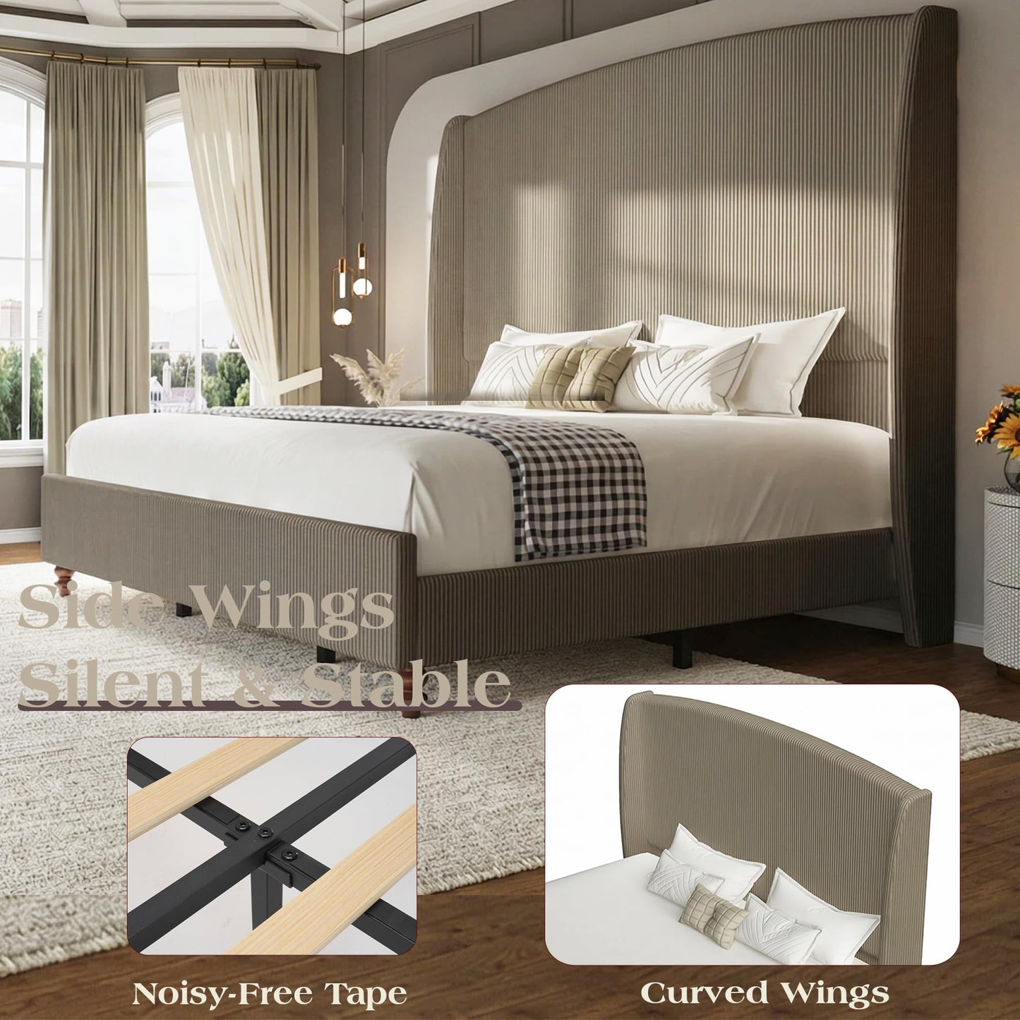lividido Queen Size Upholstered Bed Frame with 65.7" Tall Headboard Wingback, Soft Washable Corduroy Beds Cover, Solid Wood Legs, Noise-Free, No Box Spring Needed, Light Gray